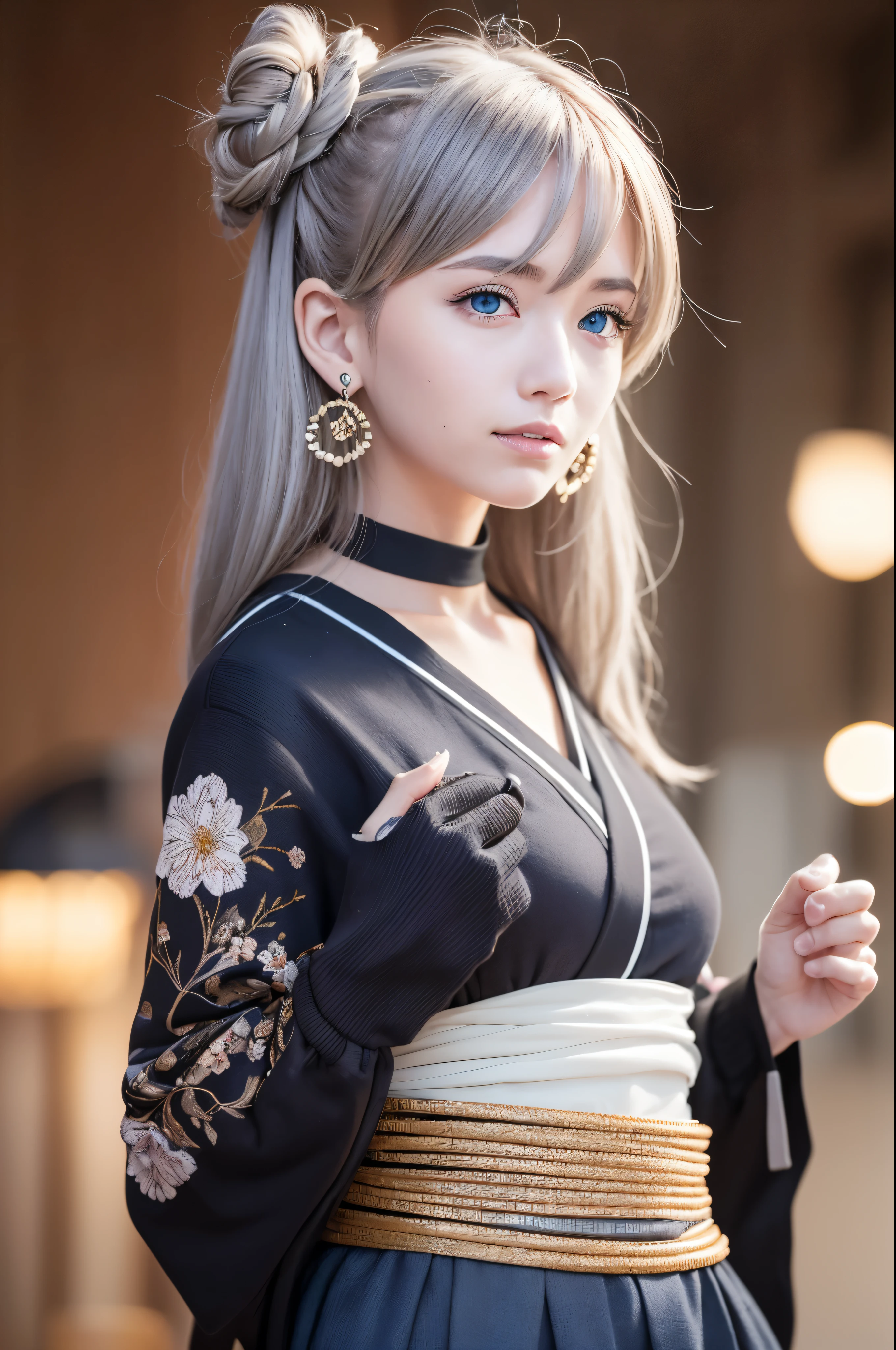 1 girl, whole body:1.2, perfect anatomy, very detailed顔と目,, (blue eyes), gray hair:1.7,smile:0.3, 20-year-old, muscular:1.5, (earrings,good:1.5, white mini skirt), blurred background, ( 8,000 students, photorealism:1.5, masterpiece, heightens, At night, midnight, dark, rtx, realistic照明, photo taken in ancient japan, very detailed流れる髪, realistic hair, realistic shadow, confused, very detailed, 4K, (green eyes), (beautiful girl: 1.4), (masterpiece),ultra detail, (highest quality), (ultra high resolution), (masterpiece), realistic:1.3, smile, balanced pupil, symmetical pupil and iris,Chromatic_aberration:0.8, dynamic_color_range, lens_twist:0.7, Holding lanterns,delicate hands, Japanese