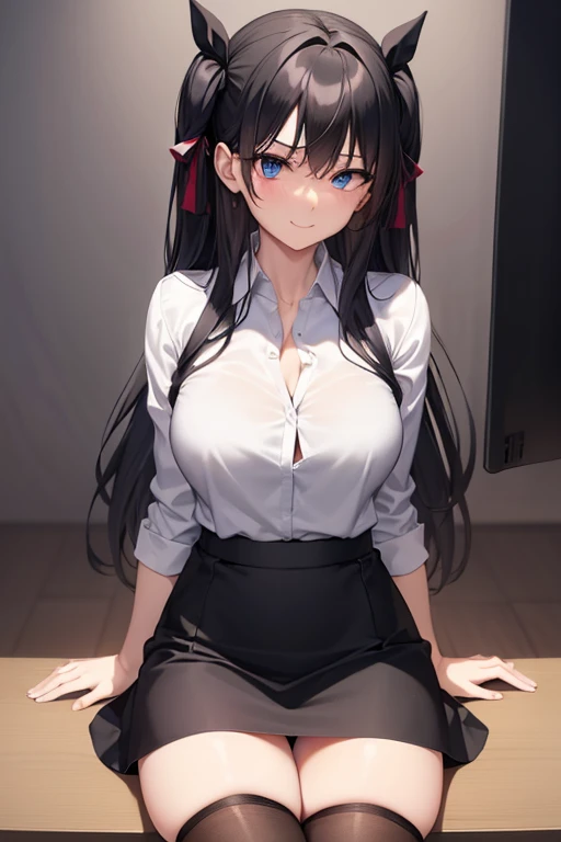 Rin Tohsaka, Rin Tohsaka, aqua eyes, Black hair, Hair Ribbon, Long hair, bow ribbon, (side locks:1.3), (black thighhighs:1.3), looking at the viewers, BREAK (masutepiece:1.2), Best Quality, High resolution, Unity 8k壁纸, (Illustration:0.8), (Beautiful detailed eyes:1.6), extra detailed face, Perfect Lighting, extremely details CG, (Perfect hands, Perfect Anatomy),,cowboy shot、(white shirt:1.5)、(Office Lady:1.3)、Miniskirts、((Black skirt:1.5))、s Office、Jacket, Formal, Suit, pencil skirts, Skirt suit、(cleavage of the breast),A smile、Sitting on a chair、(white panties:1.3), office ID card holder, office lady ID card worker holder, office ID card holder, ID card