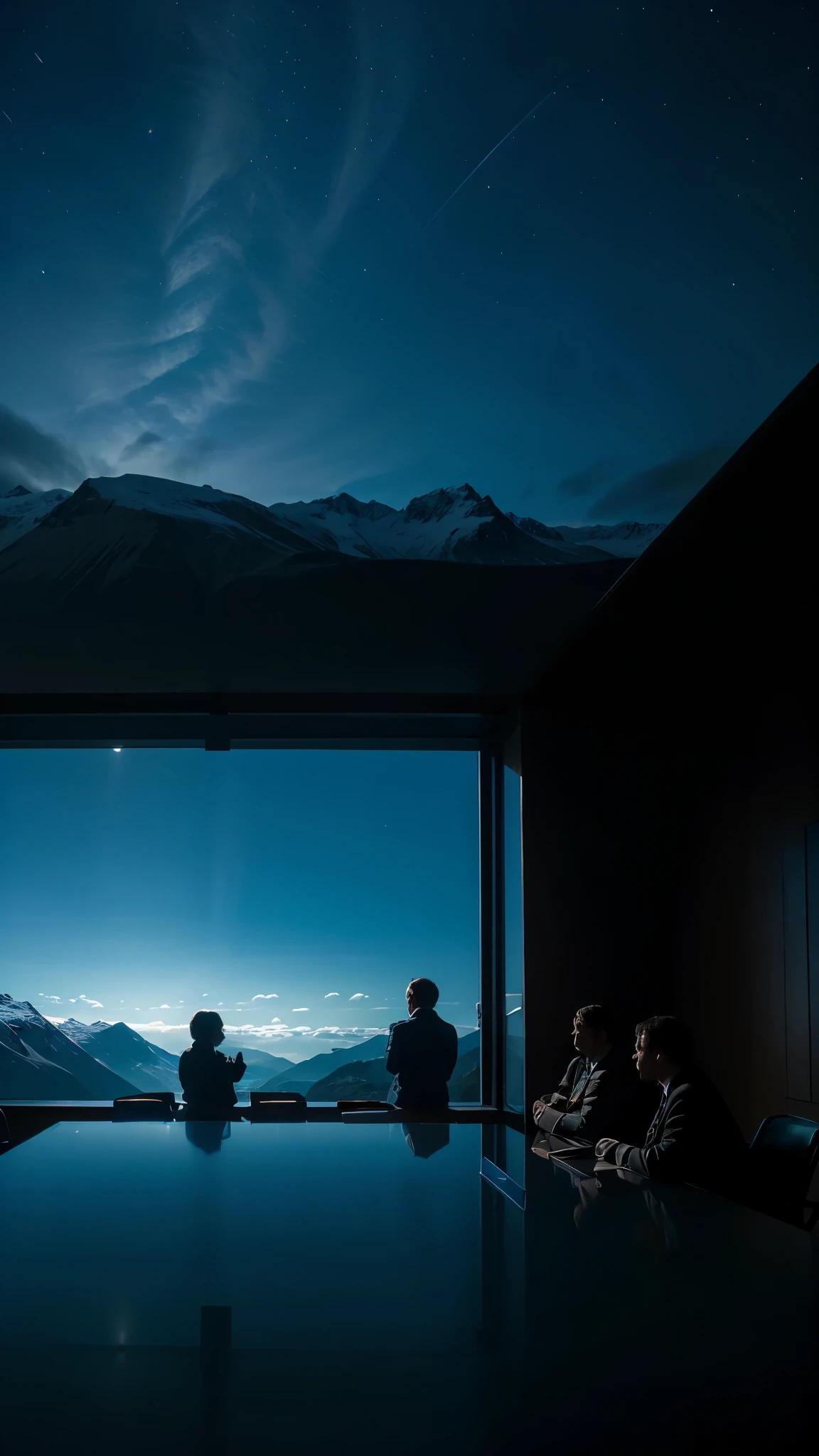 2 men and 4 women behind the table holding a meeting in the atmosphere of Torsnak and blue light