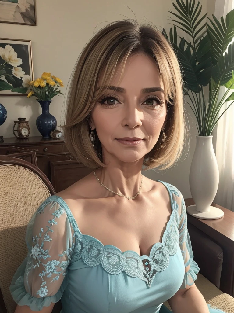 Mulher de 58 anos, cabelo grisalho, rosto detalhado e sombreado, pousando para foto, vestido florido, living room scene, senhora (melhor qualidade).