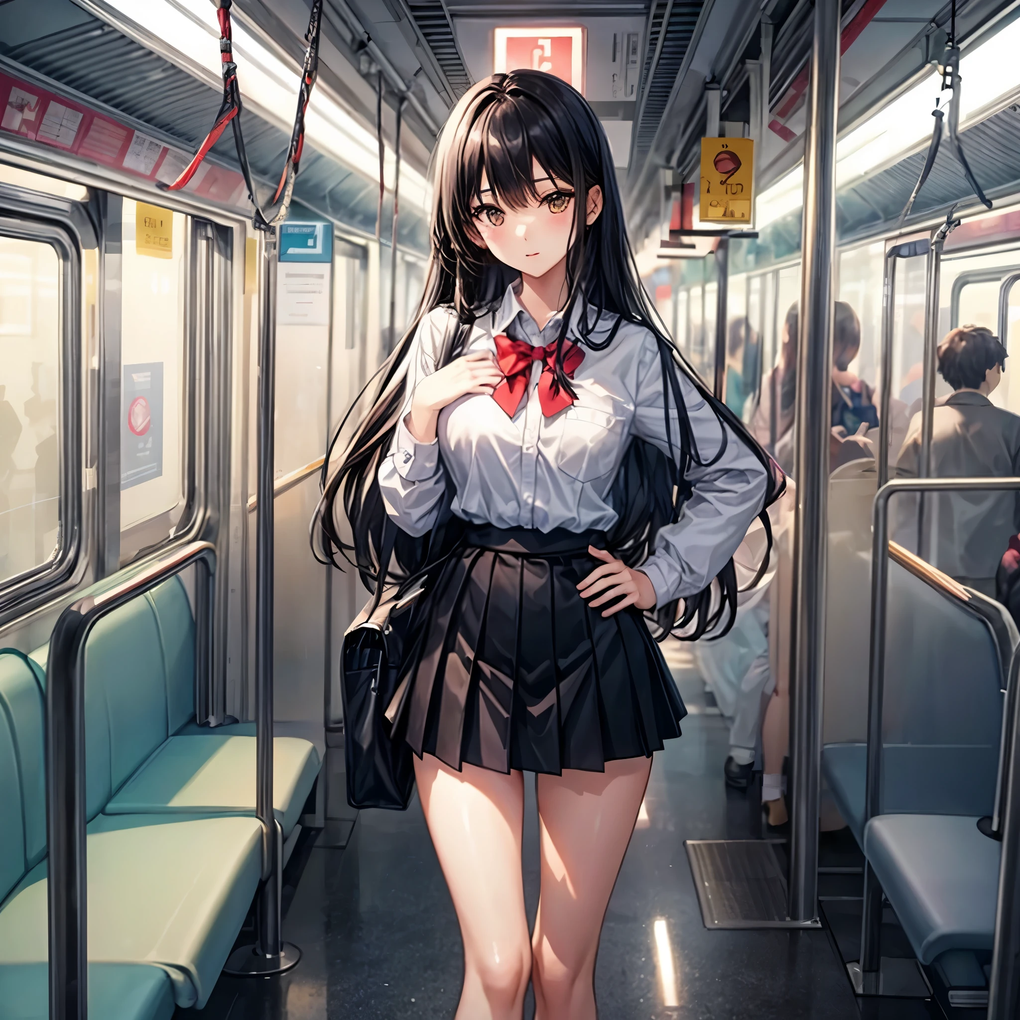 (highly saturated、colorful illustration:1.0)、(long perm hair、Black hair、bright skin:1.0)、(Beautiful slender legs:1.2)、1 girl, game CG, Girl in schoolgirl uniform, black skirt、white panties、put your hand on your waist、Morning standing on the train