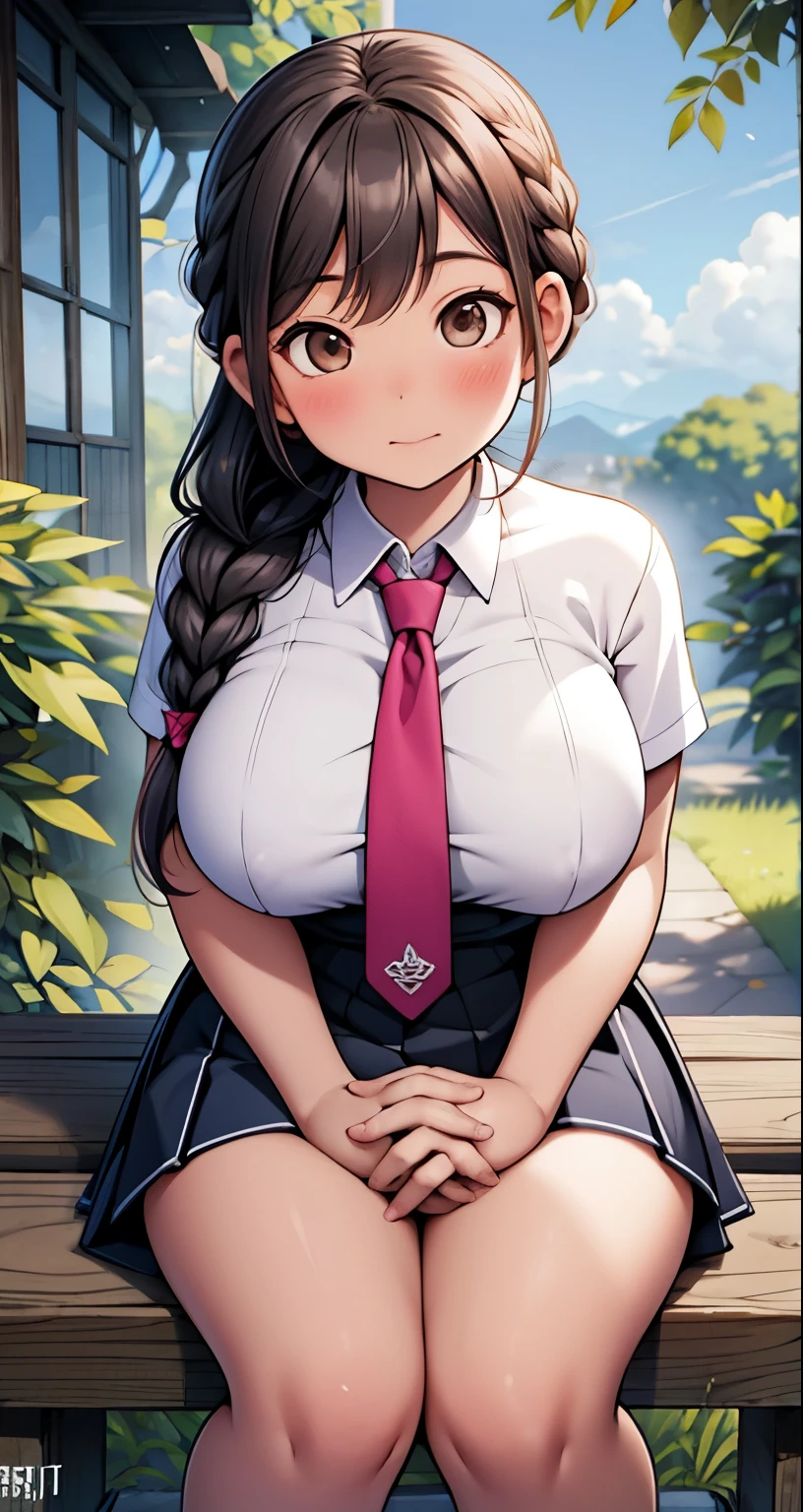 (masterpiece),(intricate details),1girl,mature female,Braid,,pale skin,huge breasts:1.2,touched _face, brown eyes
BREAK 
school uniform,necktie,pencil skirt,
thick thighs, plump:0.5,((baggy socks,converse)),
((sit on the A tranquil arboretum unfolds, with winding paths lined by a variety of exotic trees, their colorful foliage creating a symphony of hues throughout the seasons.)),((upper body,portrait)),from below:1.3,depth of field
BREAK
sunset,dusk,((cumulonimbus)),((looking at viewer))