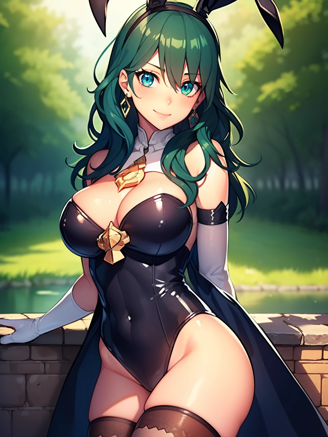 byleth, deep green hair, amethyst eyes, ,1girl, solo, perfect breasts, ,earrings glossy lips ,looking at viewer, blush, large breasts, nature, pond, trees, park, long white elbow satin gloves, holding, animal ears, cleavage, bare shoulders, jewelry, very l, gentle smile, pantyhose, earrings, fake rabbit ears,  leotard, fake animal ears bunny, long white elbow gloves