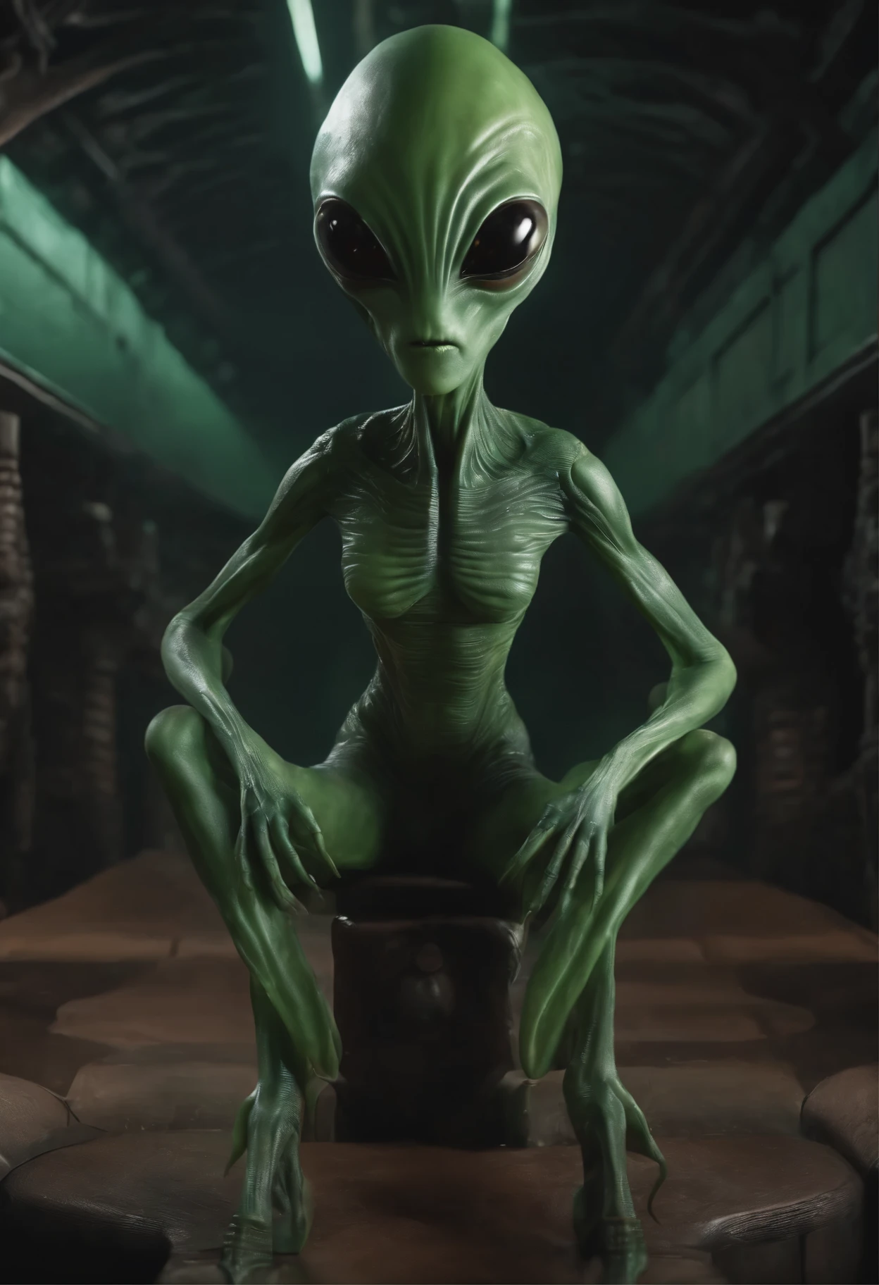8k, ultra hyper realistic Full shot, full body view, subject in the center, an alien, symmetrical, long body, long legs, long arms, big head, huge black eyes, big nose, big mouth, light green skin
