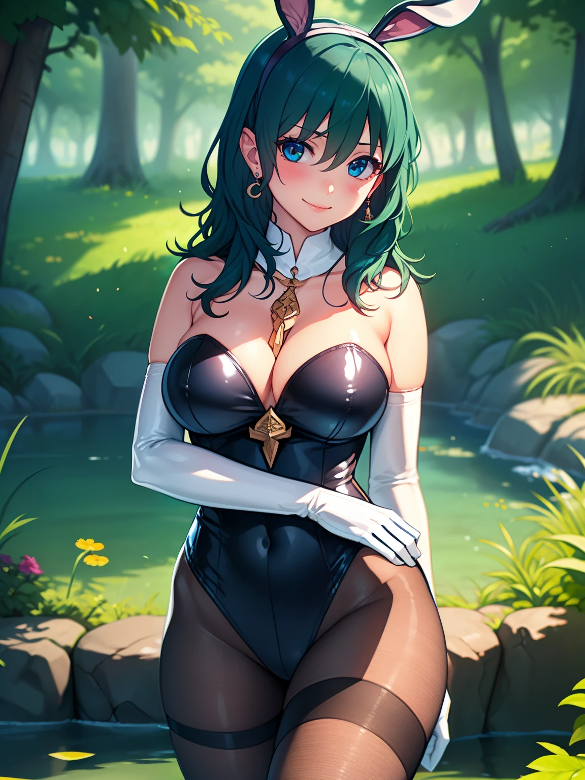 byleth, deep green hair, amethyst eyes, ,1girl, solo, perfect breasts, ,earrings glossy lips ,looking at viewer, blush, large breasts, nature, pond, trees, park, long white elbow satin gloves, holding, animal ears, cleavage, bare shoulders, jewelry, very l, gentle smile, pantyhose, earrings, fake rabbit ears,blue leotard, fake animal ears bunny, long white elbow gloves