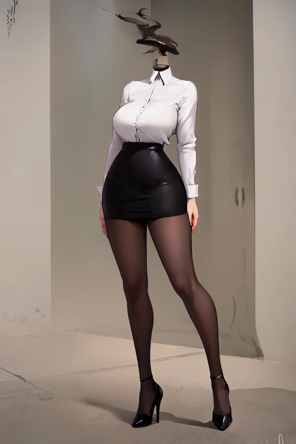 Highly detailed, High Quality, Masterpiece, beautiful, DisembodiedHead, 1girl, solo, headless, secretary, white shirt, mini skirt, pencil skirt, black pantyhose, high heels, full body, good anatomy, black smoke