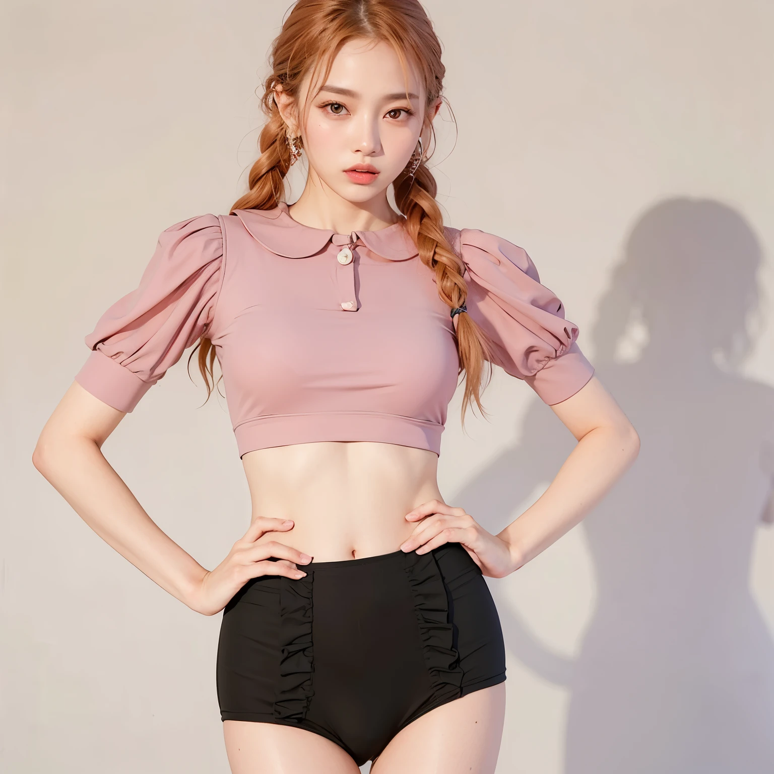Mujer arafed con falda corta y top corto., wearing two - piece swimsuit, Jinyoung Shin, modelo de moda femenina coreana, foto de modelo chica delgada, ulzzang, sol yunjoo, parque roseanne de blackpink, jaeyeon nam, TaeJune Kim, jia, con hombreras, con una cintura delgada, jossi de blackpink