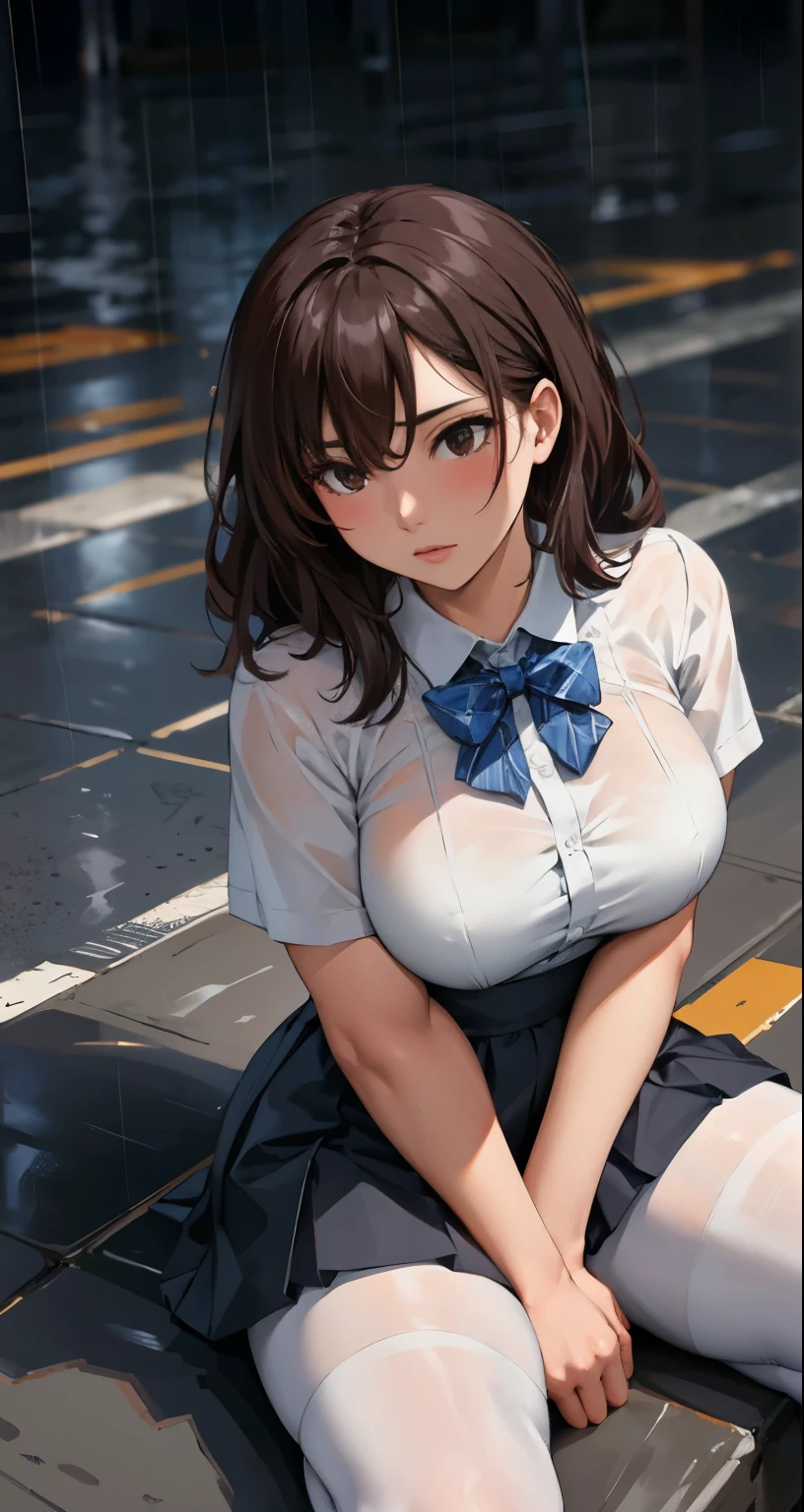 ((masterpiece,intricate details)),1girl,mature female,brown eyes,:o,large breasts,thick thighs, wide hip,BREAK sit, spread legs,school uniform,white ((pantyhose)),high heels BREAK darkened sky,raining,cumulonimbus,((upper body)),from above:1.1,depth of field,looking at viewer