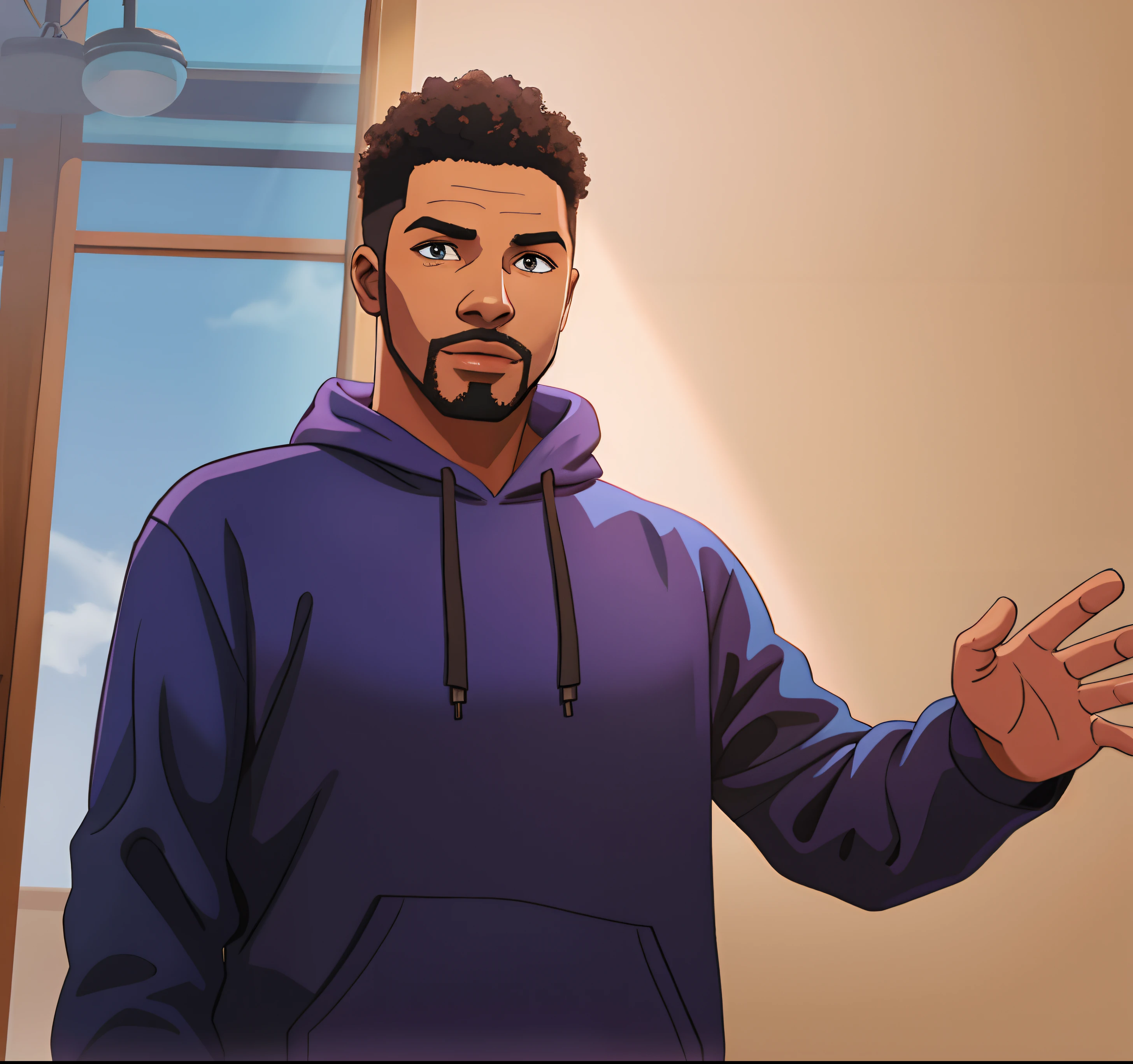 turn exactly this photo to cartoon style, black man with blue hoodie