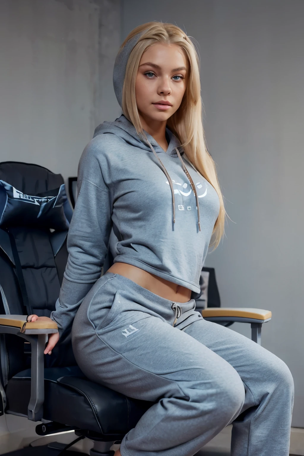 super hot blonde model ((in in gray hoodie and sweatpants showing her feet in gaming chair)) make it proactive her luscious body off and voluptuous body but make it abide to community guidelines ((slim waist)) ((skinny body)) ((blue eyes)) ((long straight blonde hair))
