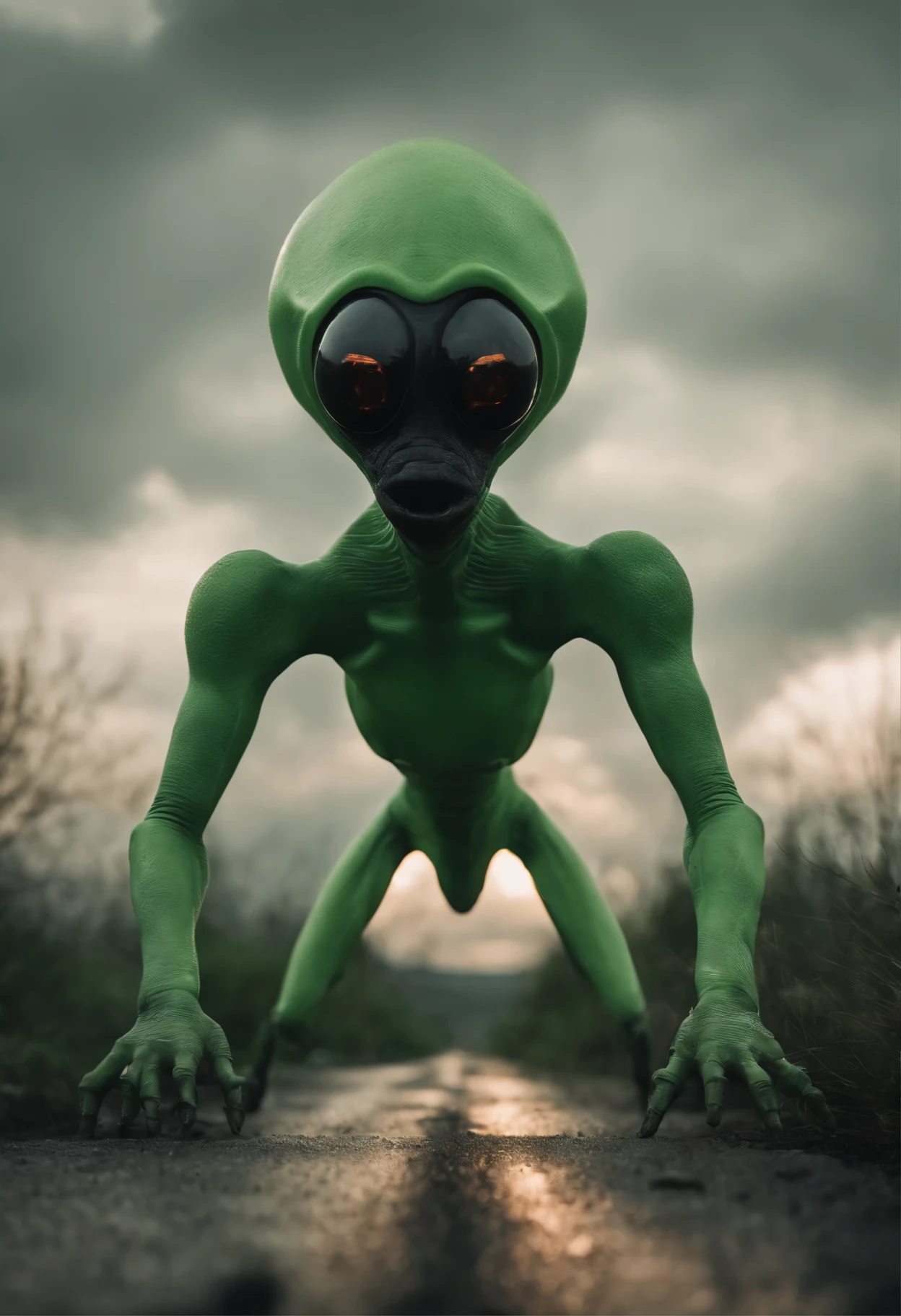 8k, ultra hyper realistic Full shot, full body view, subject in the center, an alien, symmetrical, long body, long legs, long arms, big head, huge black eyes, big nose, big mouth, light green skin, shooting with a laser gun