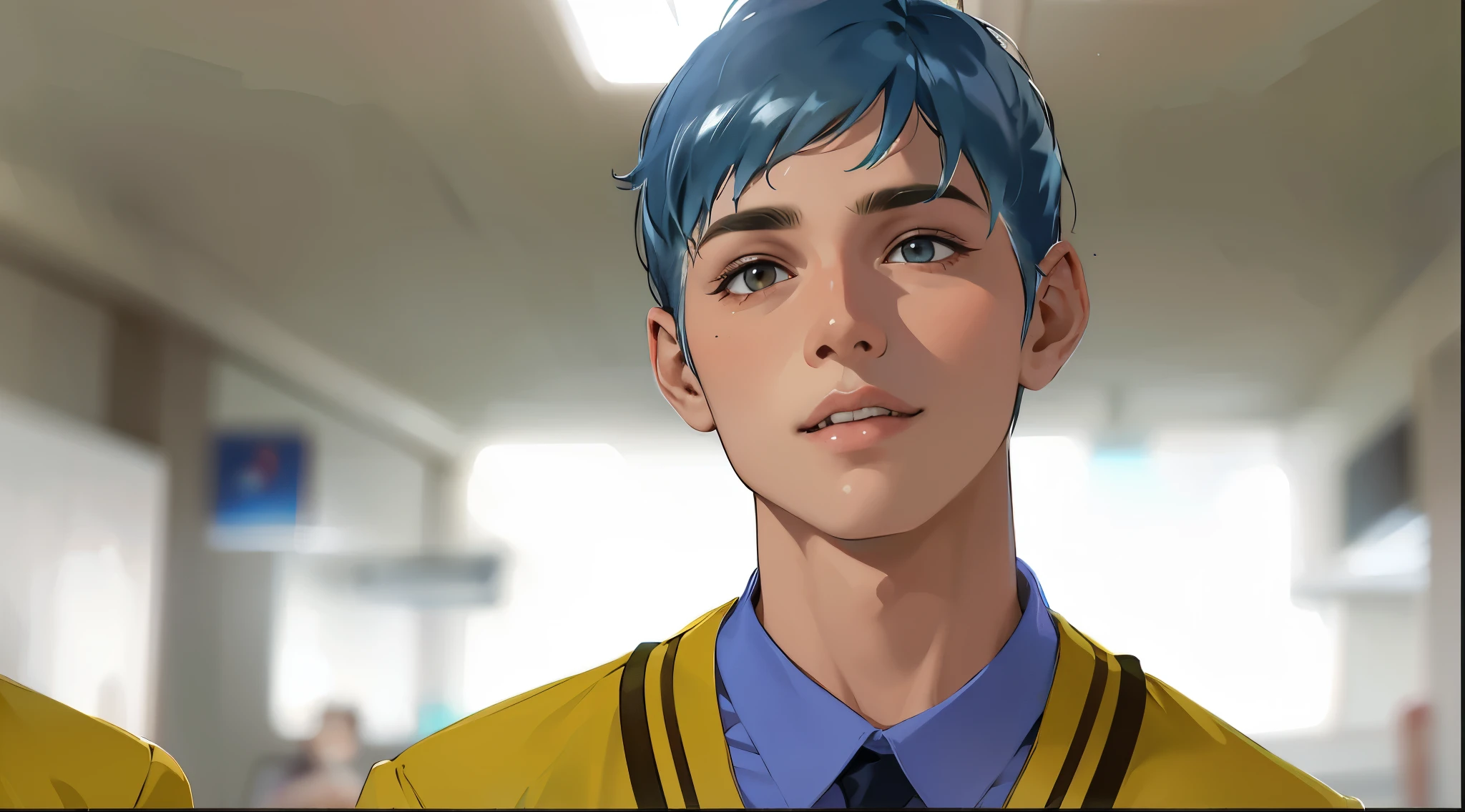 I imagined a young, attractive boy with short blonde hair and red eyes and a young, cute boy with sky green hair coming out...