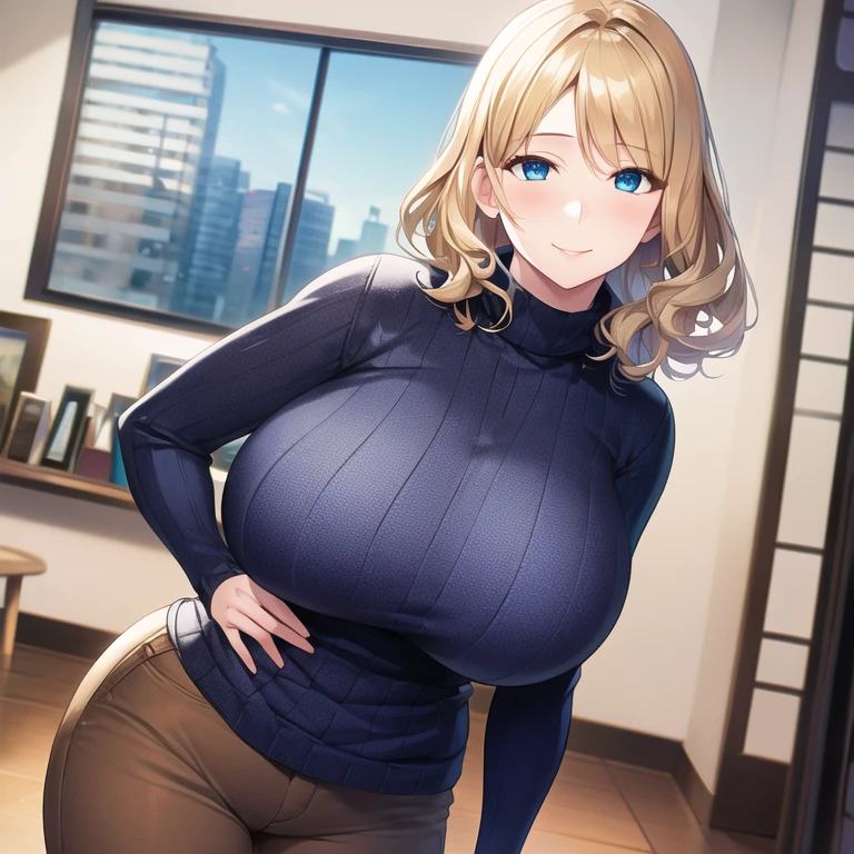 ((masterpiece)), ((best quality)), (ultra-detailed), (realistic), beautiful face, detailed hands, expressive eyes, 1girl, solo,  female, milf, erly, huge breasts, naist, wide hips, curvy, curly hair, short hair, short bangs, blonde hair, blue eyes, turtleneck, turtleneck sweater, ribbed sweater, white sweater, brown pants, standing, indoors, sexy pose, seduct smile, looking at viewer, cowboy shot