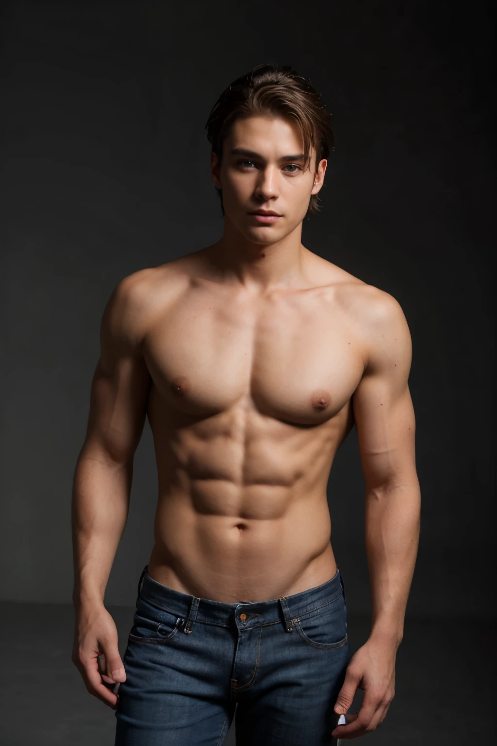 28 year old guy, mulatto, beautiful, sculpted physique, sculpted abs, perfect physique, shirtless, dark jeans, ultra realistic photo, dark background, highly detailed face, ice blue eyes. Sexy