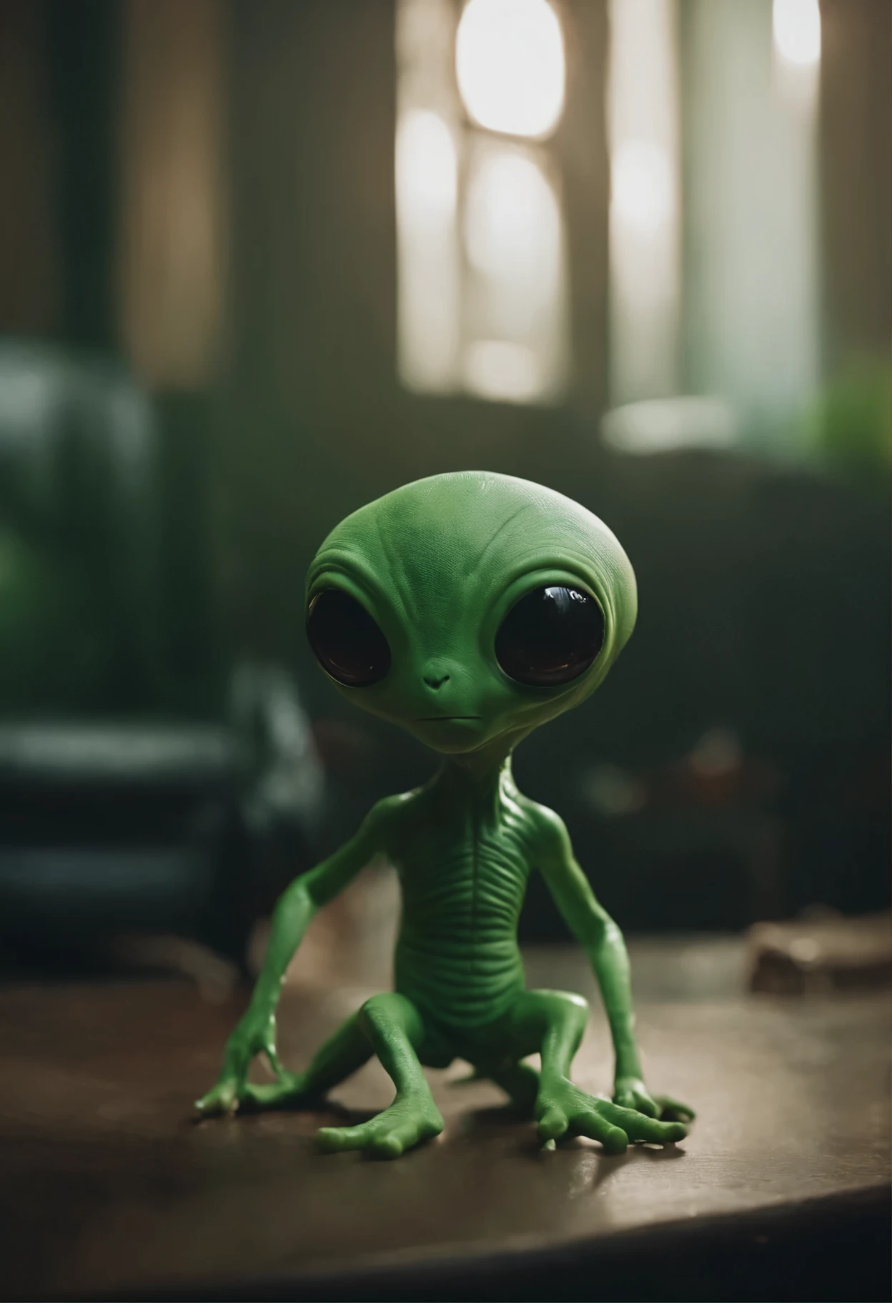 8k, ultra hyper realistic Full shot, full body view, subject in the center, an alien, symmetrical, long body, long legs, long arms, big head, huge black eyes, big nose, big mouth, light green skin, shooting with a laser gun
