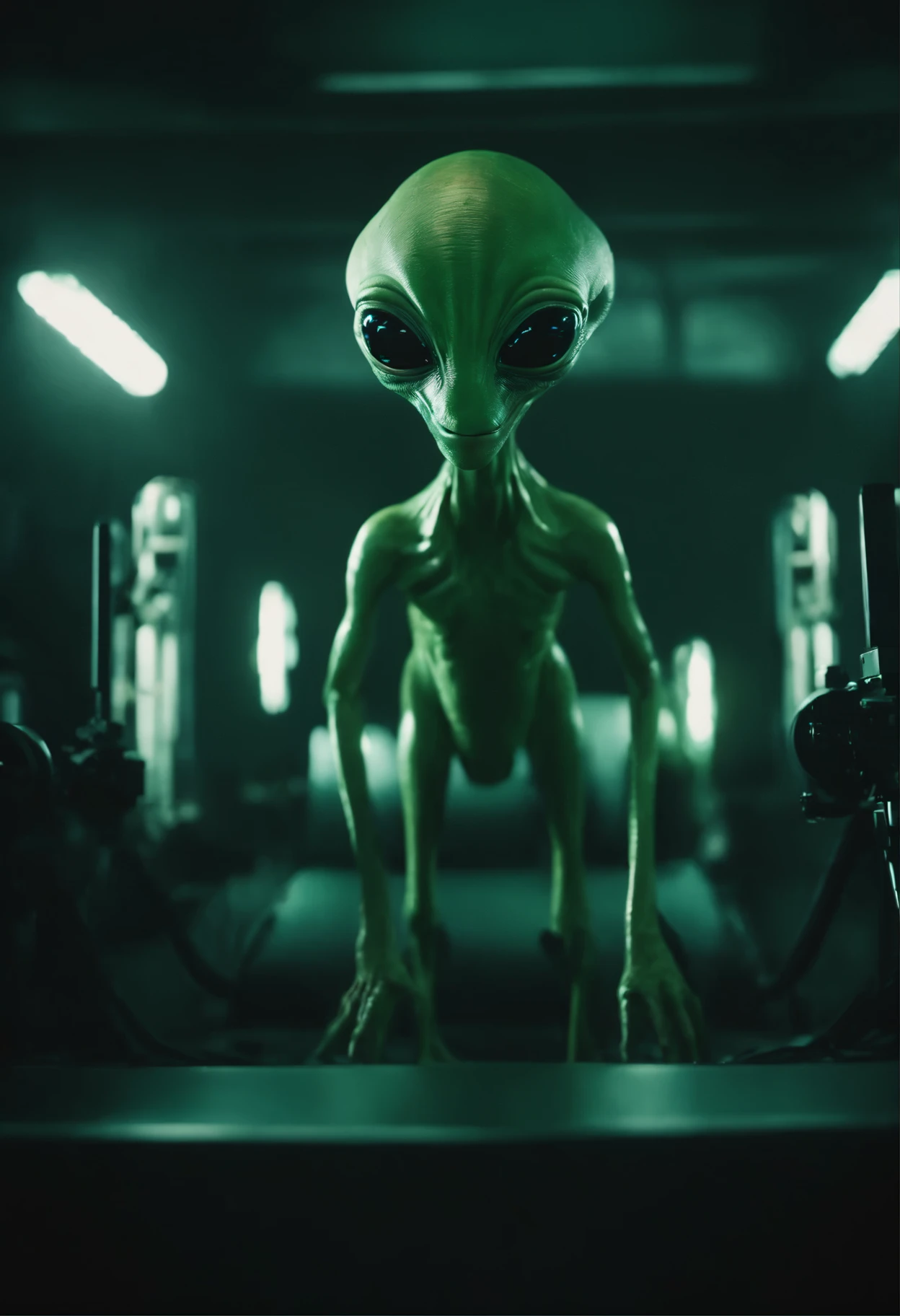 8k, ultra hyper realistic Full shot, full body view, subject in the center, an alien, symmetrical, long body, long legs, long arms, big head, huge black eyes, big nose, big mouth, light green skin, shooting with a laser gun