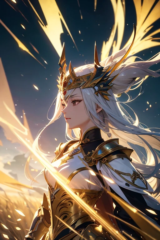 Empress puppet, fine armor, intricate design, creative details, silk, cinematic lighting, 4k, floating hair, sharp, prism, shining knight, royal, face mask , full body frame, grassland background, happy, wuxia, berserker pose, mecha style (detailed face)