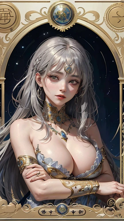 anthropomorphic gemstone diamond、(masterpiece、highest quality、highest quality)、(((Beautiful anime style girl、)))、28 years old、oversized model、((((beautiful breasts)))、((silver hair)))、silver eyes、Hair style is short bob、Hair is straight、extreme details、Colorful、Groism、Birthstone Diamond Image Frame、カン・リフィスとヴァディムカシンによるアートconcept art、ethereal、Bold pose lawless area、pure form、golden ratio、Khan Griffith、what a bone、john william waterhouse、abstract art、 (masterpiece、highest quality、High resolution: 1.4)、More about realism、splash of color、line drawing、fibonacci、concept art、sharp focus、enlightenment、Art by Alphonse Mucha、tarot cards、sexual references