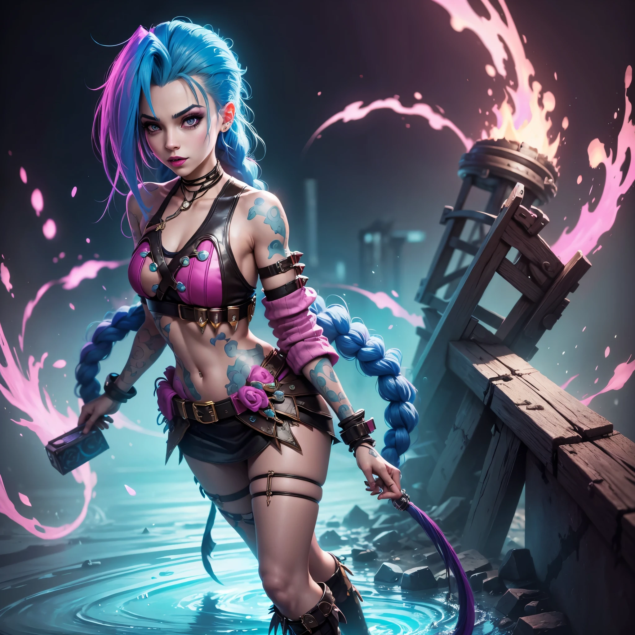 [Jinx League of Legends], Jinx Lol, masterpiece, (best quality: 1.2), (high resolution), (top quality), (8k, 4k, intricate), (full-body), short pink