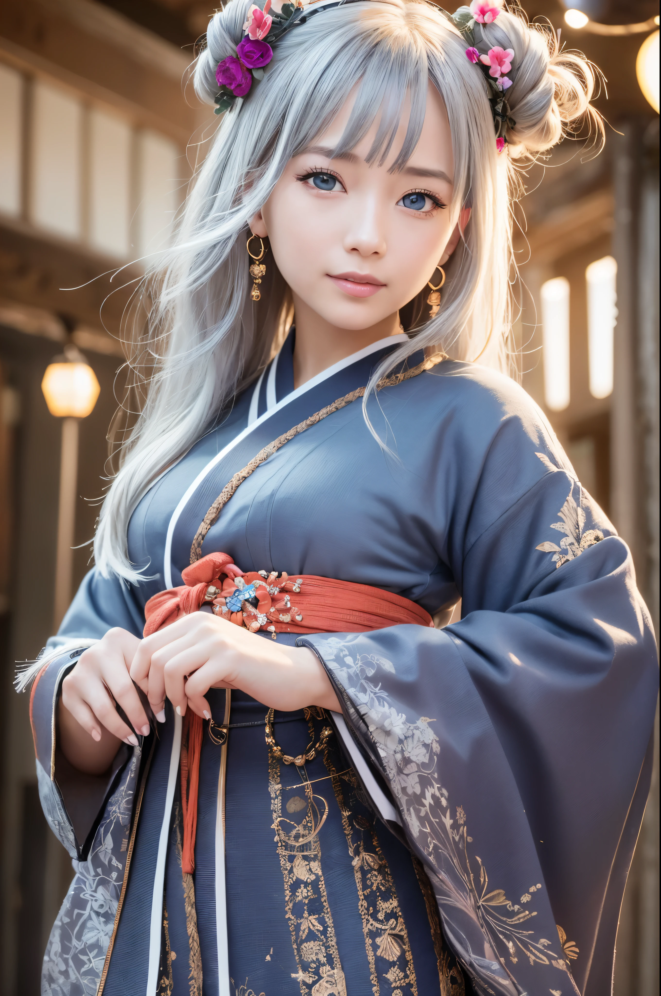 1 girl, whole body:1.2, perfect anatomy, very detailed顔と目,, (blue eyes), gray hair:1.7,smile:0.3, 20-year-old, muscular:1.5, (earrings,good:1.5, white mini skirt), blurred background, ( 8,000 students, photorealism:1.5, masterpiece, heightens,  At night, midnight, dark, rtx, realistic照明, photo taken in ancient japan, very detailed流れる髪, realistic hair, realistic shadow, confused, very detailed, 4K, (green eyes), (beautiful girl: 1.4), (masterpiece),ultra detail, (highest quality), (ultra high resolution), (masterpiece), realistic:1.3, smile,  balanced pupil, symmetical pupil and iris,Chromatic_aberration:0.8, dynamic_color_range, lens_twist:0.7, Holding lanterns,delicate hands,  Japanese