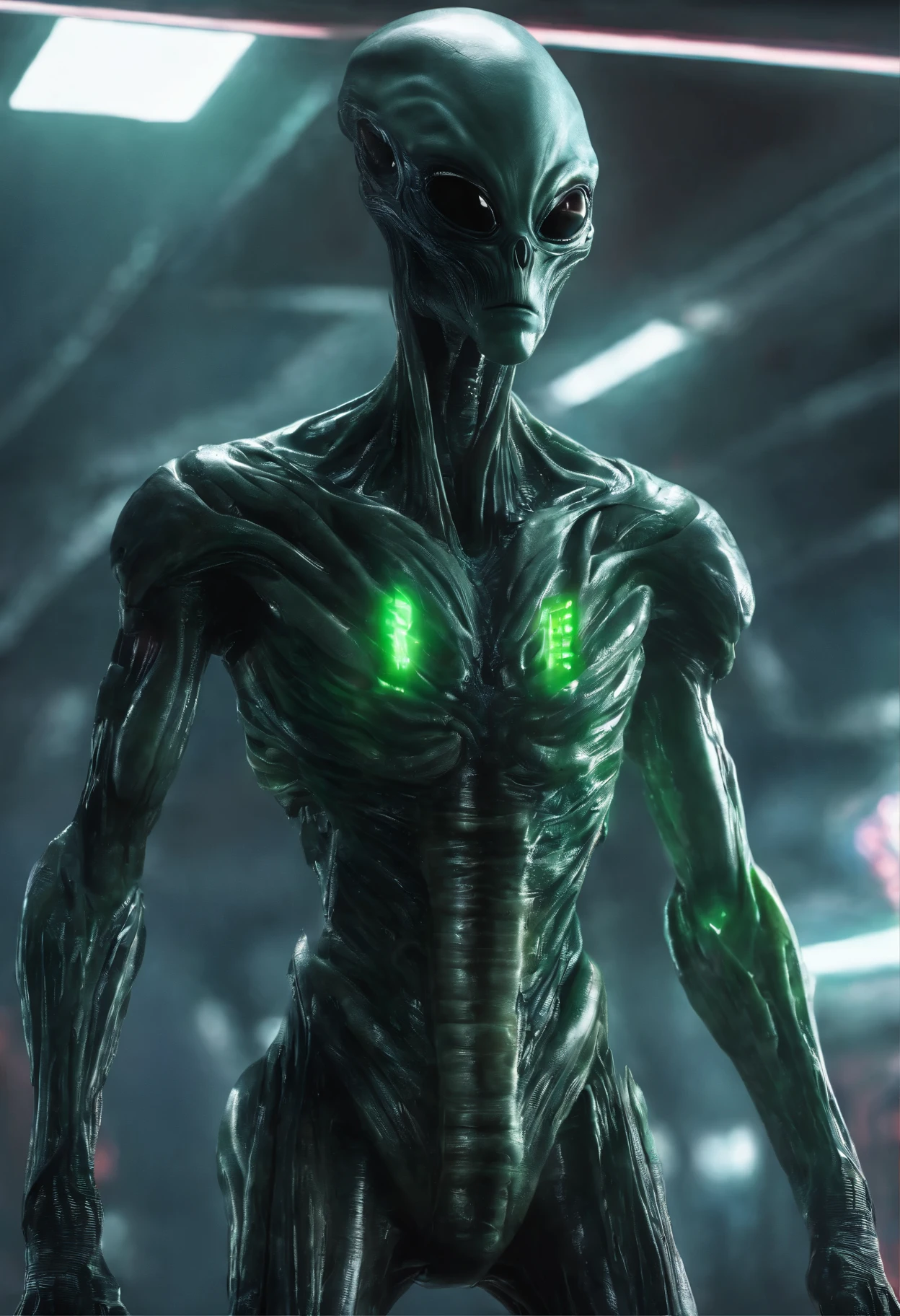 8k, ultra hyper realistic Full shot, full body view, subject in the center, an alien, symmetrical, long body, long legs, long arms, big head, huge black eyes, big nose, big mouth, light green skin, shooting with a laser gun