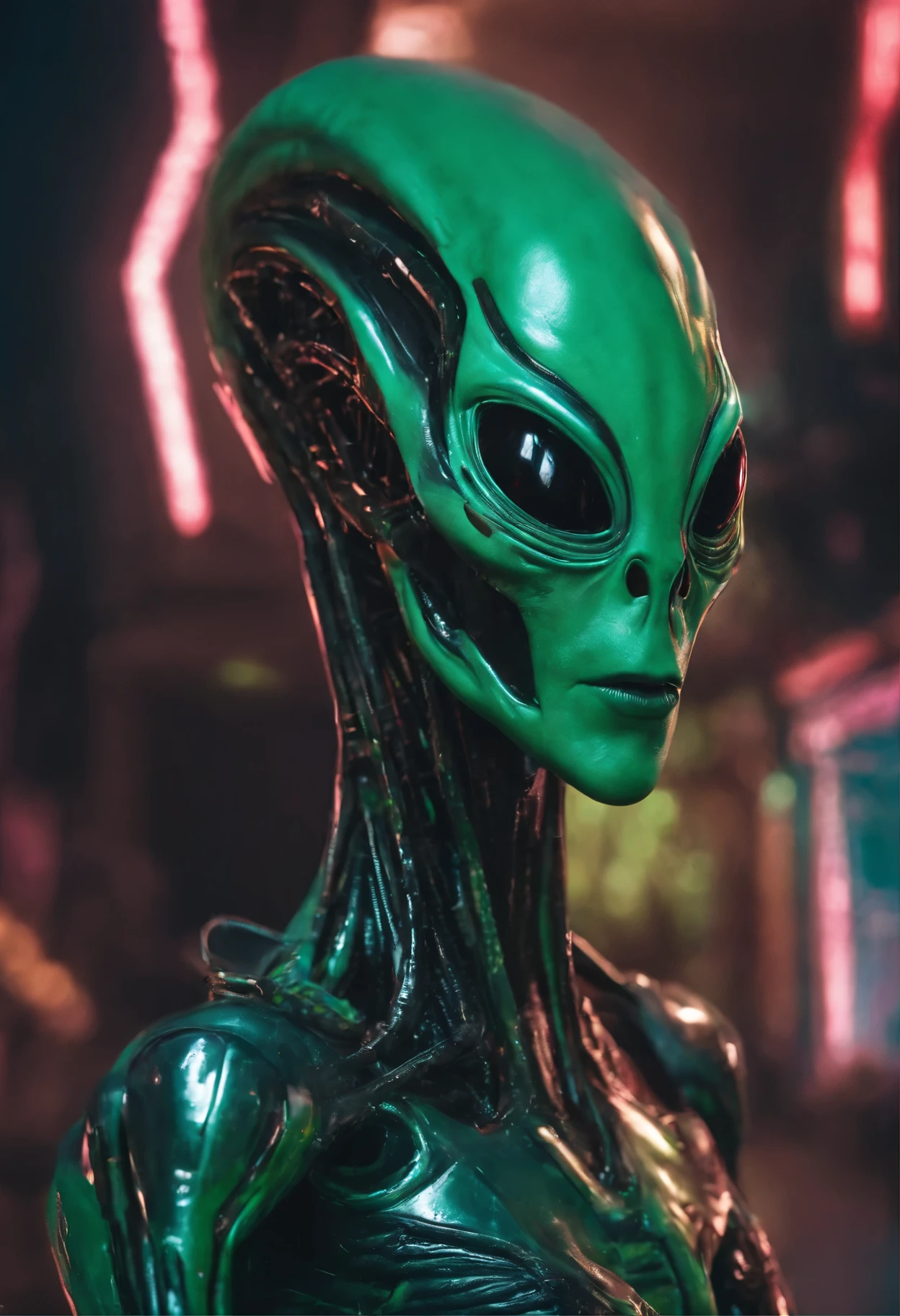 8k, ultra hyper realistic Full shot, full body view, subject in the center, an alien, symmetrical, long body, long legs, long arms, big head, huge black eyes, big nose, big mouth, light green skin, shooting with a laser gun