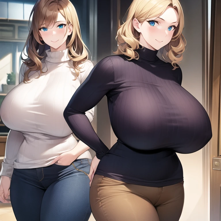 ((masterpiece)), ((best quality)), (ultra-detailed), (realistic), beautiful face, detailed hands, expressive eyes, 1girl, solo, mature female, milf, motherly, huge breasts, narrow waist, wide hips, curvy, curly hair, short hair, short bangs, blonde hair, blue eyes, turtleneck, turtleneck sweater, ribbed sweater, white sweater, brown pants, standing, indoors, sexy pose, seductive smile, looking at viewer, cowboy shot