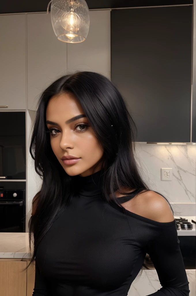 (masterpiece), (best quality:1.0), (ultra highres:1.0), closeup, 1 girl, detailed beautiful, face focus, tomboy, skinny, long hair, brazilian face, wallpaper 8k, (black colorful hair), beutiful woman, makeup, tight dress, full body, black kitchen, accurate details