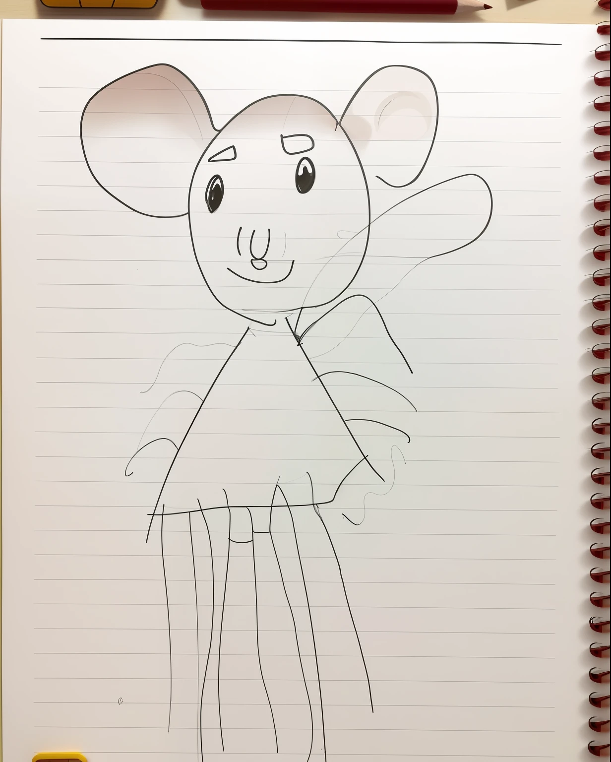 Drawing a mouse on paper lined with a pencil, anthropomorphic mouse, Rato bonito - menina, a 's drawing, desenho de children, childawing, baseado no child's drawing, desenho infantil, An anthropomorphic mouse, rato, children\desenho do livro, desenho infantil, desenho de livros infantis, corpo do rato, desenho infantil, anime, realistic animation style