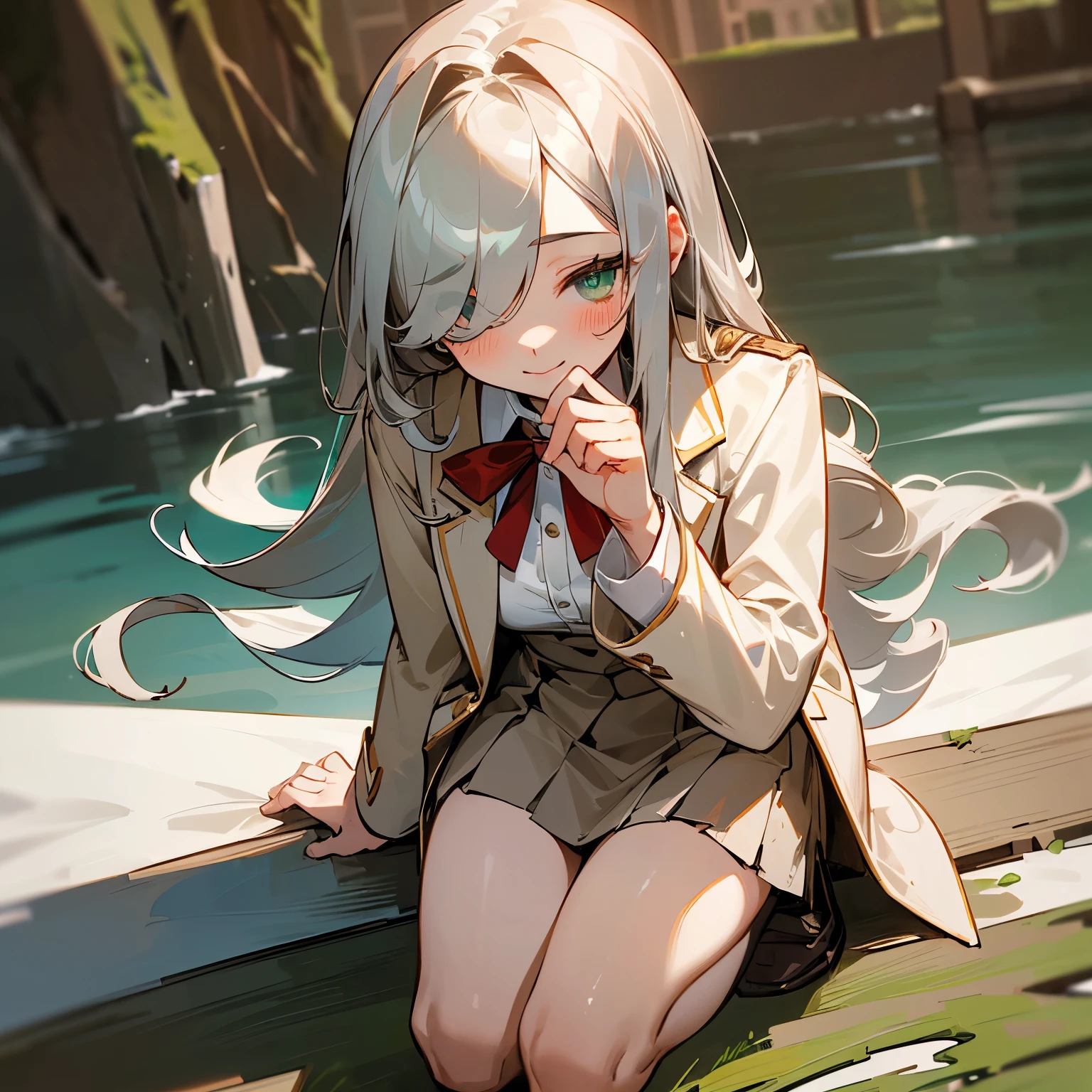 ((Masterpiece)), (Professional Photography), (High Definition:1.3), (silver long bangs hide the right eye:1.5), ((hair over one eye)), best quality, 8K, Textured skin, cinematic lighting, (1girl), short stature, (kneeling), cute teenage young girl, ((loose curls hair)), (semi-long hair), (blush, smile), (brilliant green eyes), drooping eyes, very cute, small breasts, slender waist, ??????? slovenly, (pale Ivory color blazer student's uniform), (white blouse), ((brown skirt)), (on the cliff), red string ribbon