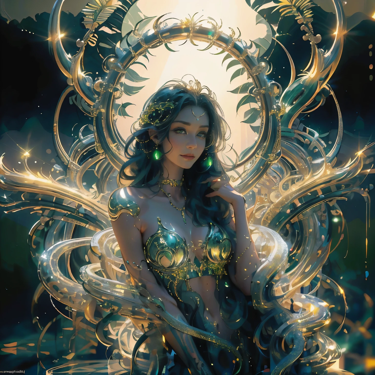 (Numerous award-winning masterpieces, with incredible detail, textures and maximum detail),ultra-detailed,(realistic,photorealistic,photo-realistic:1.37),snake goddess,(ethereal,otherworldly:1.03),mystical beauty,wisdom,serpent-like features,mesmerizing eyes,golden scales,goddess of transformation,goddess of nature,detailed facial features,lush greenery,hint of divine aura,sun-kissed skin,flowing hair,delicate fingers,body intertwined with serpents,serpent crown and jewelry,serene expression,artistic interpretation,mythical creature,graceful posture,emerald eyes,subtle smile,luminous complexion,effortless elegance,dream-like setting,nature-inspired elements,surreal atmosphere,dappled sunlight,fantasy realm,unique perspective,soft ambient lighting,radiant colors,significant symbolism,vibrant hues