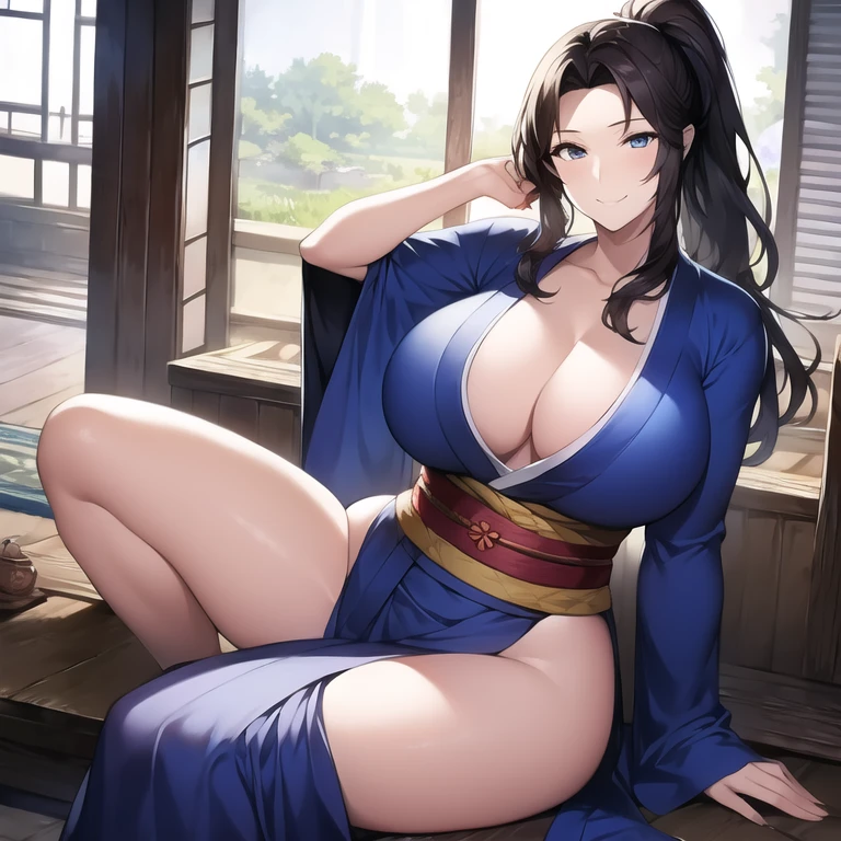 ((masterpiece)), ((best quality)), (ultra-detailed), (realistic), beautiful face, detailed hands, expressive eyes, 1girl, solo, mature female, milf, motherly, forehead, big breasts, narrow waist, wide hips, curvy, (straight hair, long hair, high ponytail, dark hair, dark eyes, blue kimono, cleavage), dojo, looking at viewer, cowboy shot, seductive smile, sitting