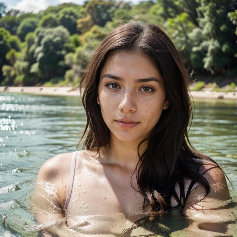 23-year-old hyper-realistic Latin girl with freckles, mood selfie for instagram, Ultra Definition, (photoreallistic: 1.4), 8k, calidad premier, fondos detallados, cara delicada, maquillaje natural, foto raw, iphone, HDR, Coqueteando con el espectador, in a deep river and transparent waters
