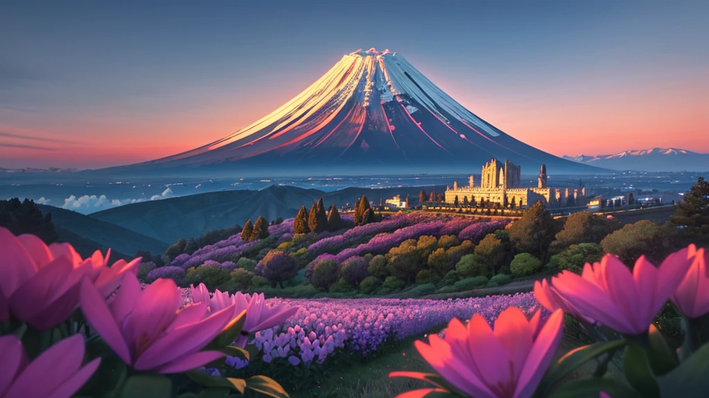 (obra maestra, Mejor calidad:1.2), ultra detallado, cinematic lighting, HDR, ilustracion, Landscape, amanecer, flor de cerezo, monte fuji al fondo, impresionante, Enfriar, inspiracional,