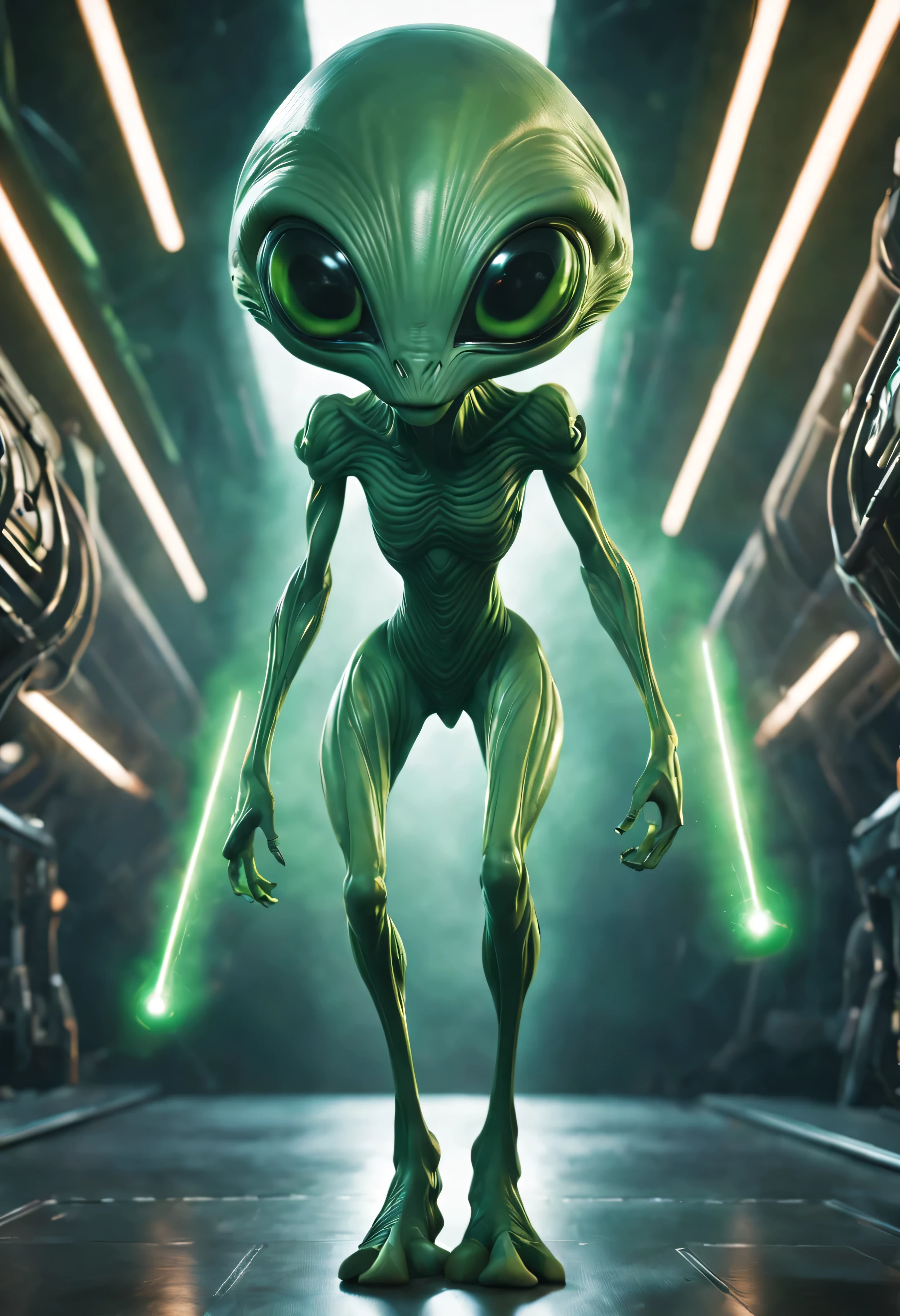 8k, foto completa ultra hiper-realista, full body view, Sujeito no centro, and aliens, Symmetrical, Corpo longo, pernas longas, long arms, big head, Enormes olhos negros, nariz grande, boca grande, Pele verde clara, Tiro com uma arma laser