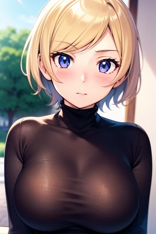 mangamichirum, 1girl, blond hair, short hair, blush, large breast, ((tight black long sleeve undershirt, turtleneck)), upper body, looking at view, (masterpiece, high resolution, best quality, anime screencap, anime colored, 8k, photorealistic)
