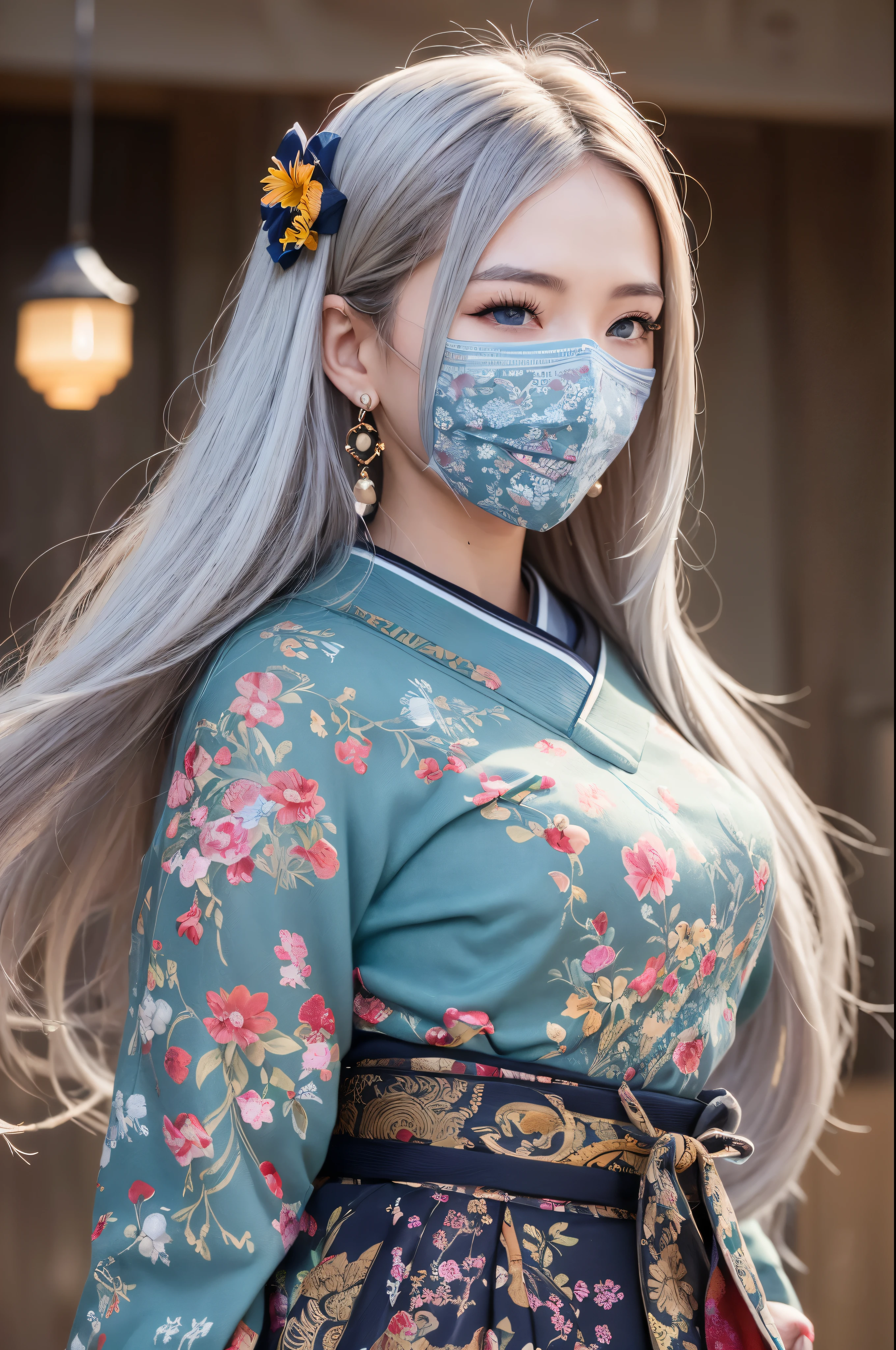 1 girl, whole body:1.2, perfect anatomy, very detailed顔と目,, (blue eyes), gray hair:1.7,smile:0.3, 20-year-old, muscular:1.5, (earrings,good:1.5, white mini skirt), blurred background, ( 8,000 students, photorealism:1.5, masterpiece, heightens,  At night, midnight, dark, rtx, realistic照明, photo taken in ancient japan, very detailed流れる髪, realistic hair, realistic shadow, confused, very detailed, 4K, (green eyes), (beautiful girl: 1.4), (masterpiece),ultra detail, (highest quality), (ultra high resolution), (masterpiece), realistic:1.3, smile,  balanced pupil, symmetical pupil and iris,Chromatic_aberration:0.8, dynamic_color_range, lens_twist:0.7, Holding lanterns,delicate hands,  Japanese