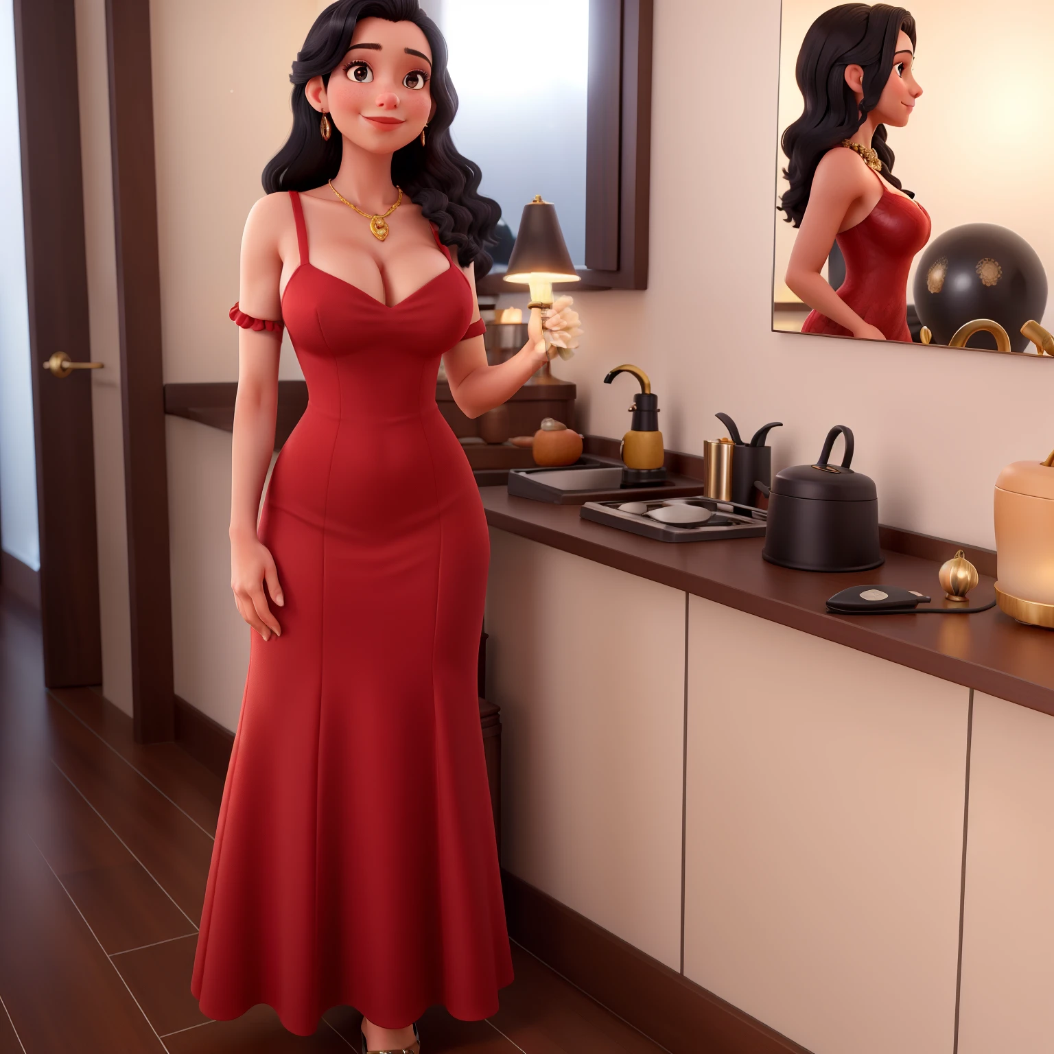Uma mulher linda, cabelo liso preto longo, illuminated by the light of a lamp, usando um vestido de gala vermelho, em frente ao espelho.