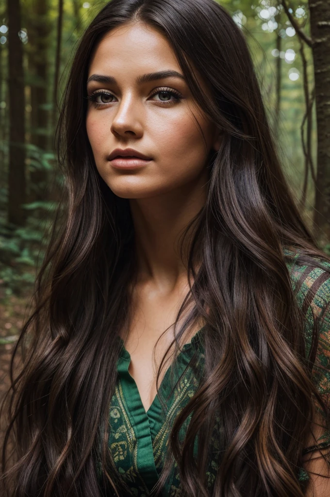 A girl in a forest,medium:oil painting,[vibrant colors,nature,painting style],beautiful detailed eyes,beautiful detailed lips,extremely detailed face,longeyelashes,[flowing hair,native american symbol,brave and confident,strong,wilderness],highres,realistic,landscape,warm color tone,sunshine lighting