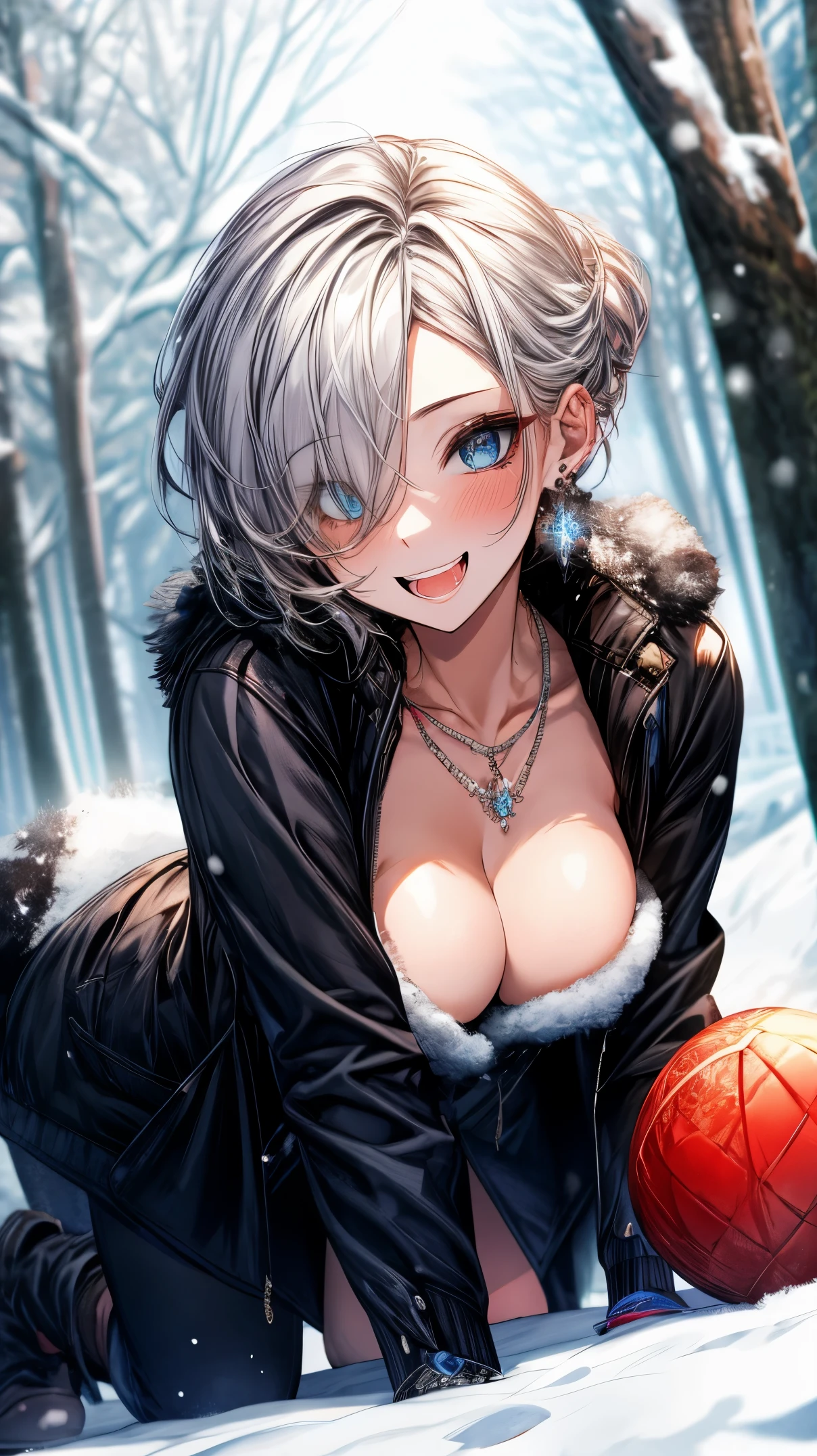 (masterpiece, best quality:1.2), (high resolution, 8K RAW photo, photo realistics, clear focus, thin outline:1.3, clear focus), (natural lighting, textile shading), pov, ((solo:1.5)), (1 matured woman, 28 years old), ((milf:1.5)), ((nfsw:1.37, fuge breast:1.3, sagging breast, big tits, breast cleavage, harass sexually)), ((Bright beautiful eyes:1.3, fine detailed eyes, high detailed pupils)), beautiful girl in winter clothes, (hugging the large snowball on the ground from above), (winter outfits, duffle coat:1.2, knit scarfs around neck, tihg-high length long boots), snowballs, snow man, in the snow, (looking at viewers, with smiling, half-closed eyes:0.3), raised sexy, (little opening mouth:1.3), light purple mesh in silver hair, medium short hair, hair over one eye, asymmetric hair, half updo hair, side rock, blue eyes, (Luxury detailed accessories, necklace, earrings, Bracelets), bokeh, dynamic angle, lying on the ground:0.0, leaning forward:1.2, close-up face:1.5, full body:0.7, from below:1.2, (correct anatomy:1.6, ideal ratio of body proportions, correct hand:1.5, small hands), outdoors, in a snowy forest, snow covered ground, trees decorated with snow,