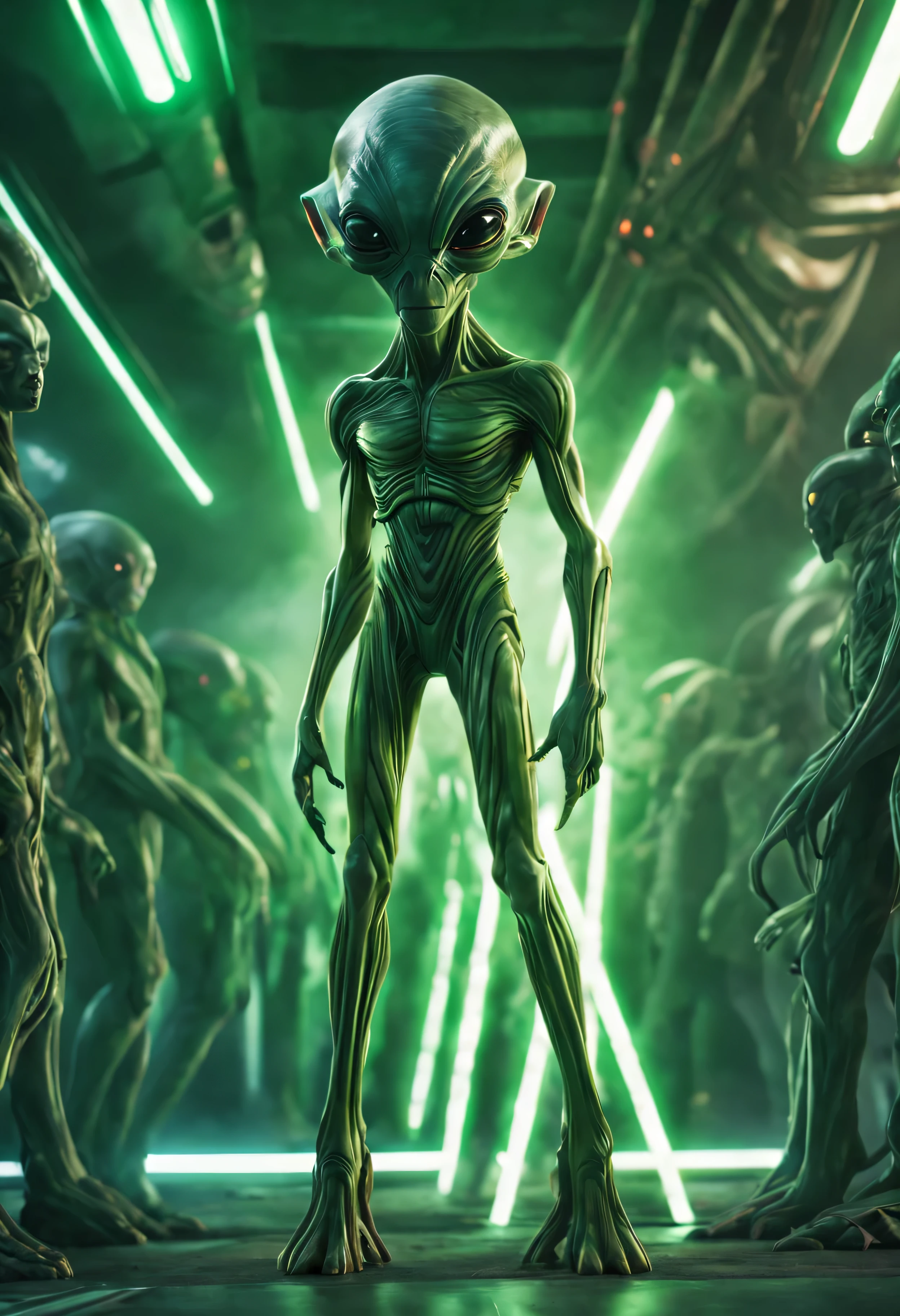 8k, foto completa ultra hiper-realista, full body view, Sujeito no centro, and aliens, Symmetrical, Corpo longo, pernas longas, long arms, big head, Enormes olhos negros, nariz grande, boca grande, Pele verde clara, Tiro com uma arma laser