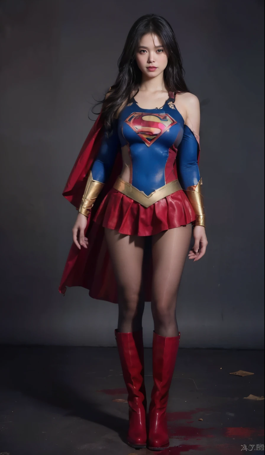 no background、(((Wear black tights on your beautiful legs.torn、Tattered、being destroyed)))、(((stretch your legs、tall、Legally express the beauty of your smile)))、((((Get the most out of your original images)))、(((supergirl costume、torn、Tattered、being destroyed)))、(((beautiful hair)))、(((I&#39;m in pain)))、(((Legs must be worn with black tights)))、(((must wear red boots、being destroyed)))、((Highest image quality、8K))、((highest quality、8K、masterpiece:1.3))、(((keep background )))、clear focus:1.2、beautiful woman with perfect figure:1.4、Full of scars、bloody、full of blood、slender abs:1.2、wet body:1.5、Highly detailed face and skin texture、8K