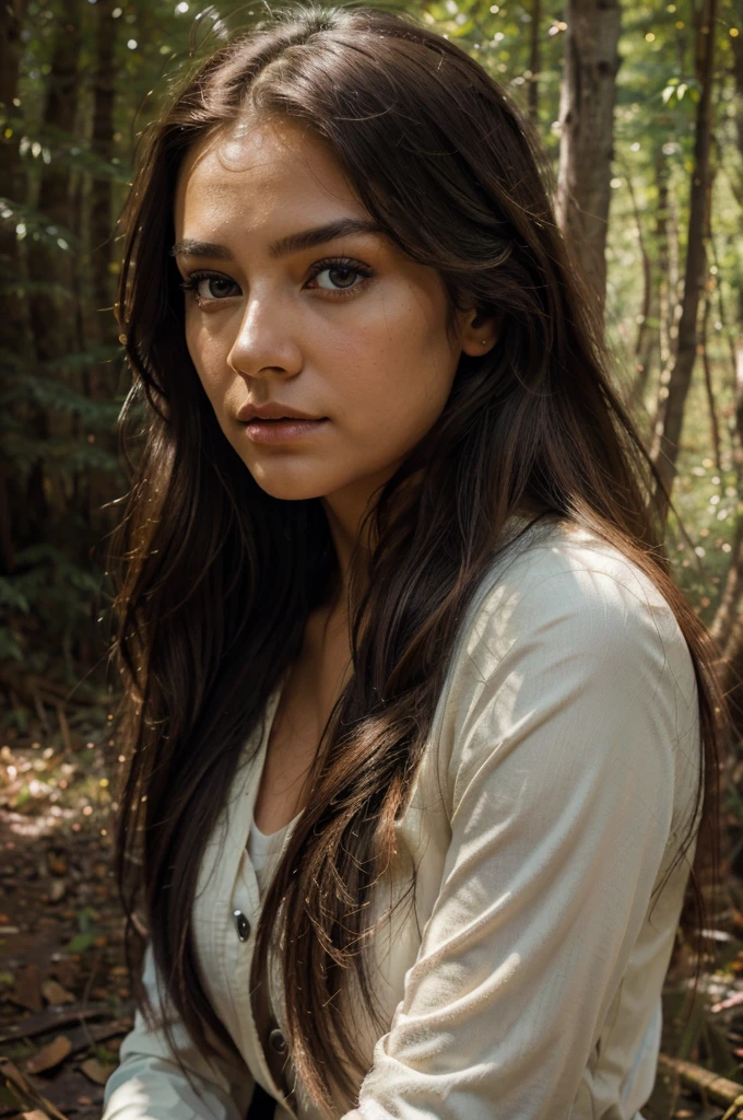 A girl in a forest,medium:oil painting,[vibrant colors,nature,painting style],beautiful detailed eyes,beautiful detailed lips,extremely detailed face,longeyelashes,[flowing hair,native american symbol,brave and confident,strong,wilderness],highres,realistic,landscape,warm color tone,sunshine lighting