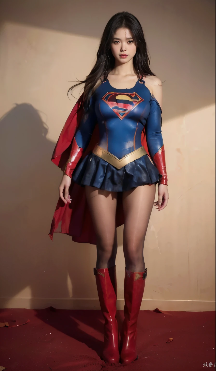 no background、(((Wear black tights on your beautiful legs.torn、Tattered、being destroyed)))、(((stretch your legs、tall、Legally express the beauty of your smile)))、((((Get the most out of your original images)))、(((supergirl costume、torn、Tattered、being destroyed)))、(((beautiful hair)))、(((I'm in pain)))、(((Legs must be worn with black tights)))、(((must wear red boots、being destroyed)))、((Highest image quality、8K))、((highest quality、8K、masterpiece:1.3))、(((keep background )))、clear focus:1.2、beautiful woman with perfect figure:1.4、Full of scars、bloody、full of blood、slender abs:1.2、wet body:1.5、Highly detailed face and skin texture、8K