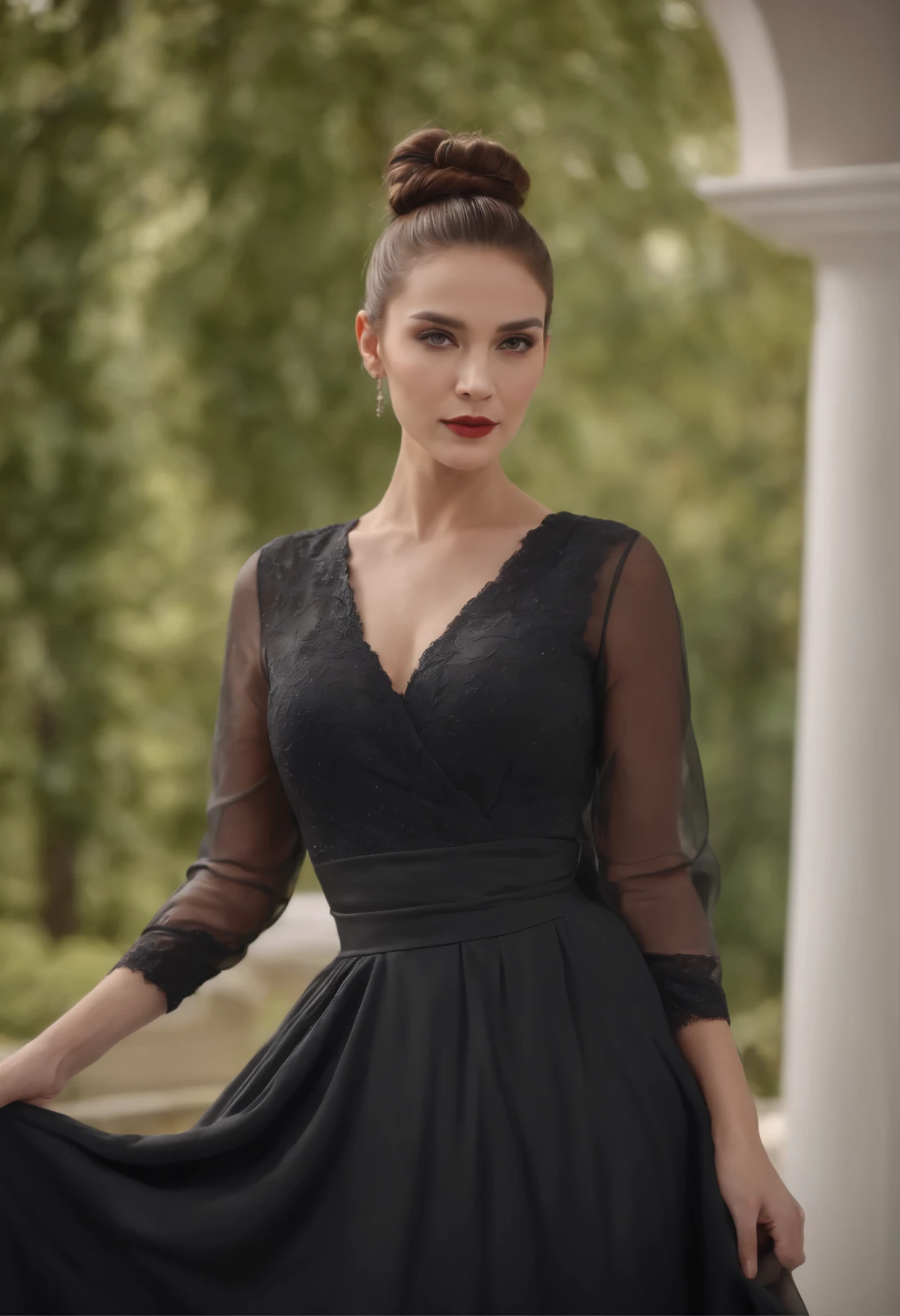 4k realistic, Full body of woman wearing black expensive fancy dress, neat bun hairstyle, age 35