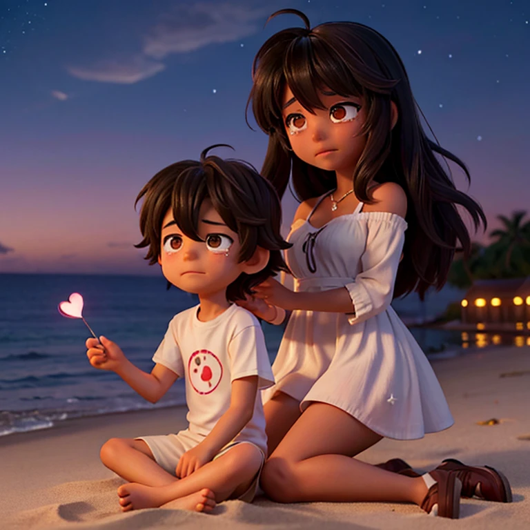 A boy with messy hair and a girl with medium length hair, dark complexion, both sitting on a beach by the water, both crying and looking at the stars (a heart tears in the Sky appears) la nuit on les regarde de dos