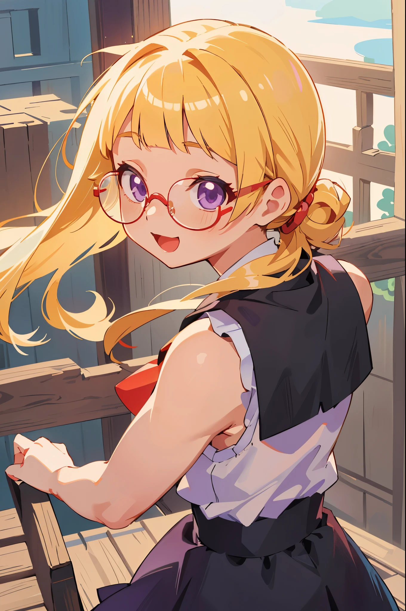 masterpiece、first-class、blonde、blunt bangs、straight hair、Hair tied back、purple eyes、((Red-rimmed glasses)):1.5、sleeveless shirt、black skirt、from behind、Upper body、From above、look at the audience、smile、Open your mouth wide、Rustic village