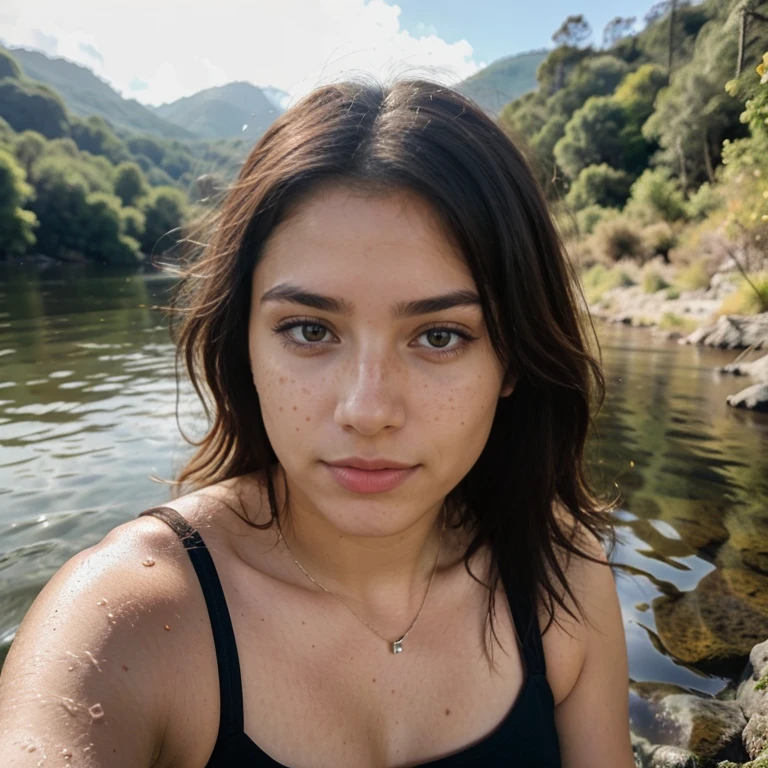 23-year-old hyper-realistic Latin girl with freckles, mood selfie for instagram, Ultra Definition, (photoreallistic: 1.4), 8k, calidad premier, fondos detallados, cara delicada, maquillaje natural, foto raw, iphone, HDR, Coqueteando con el espectador, in a deep river and transparent waters