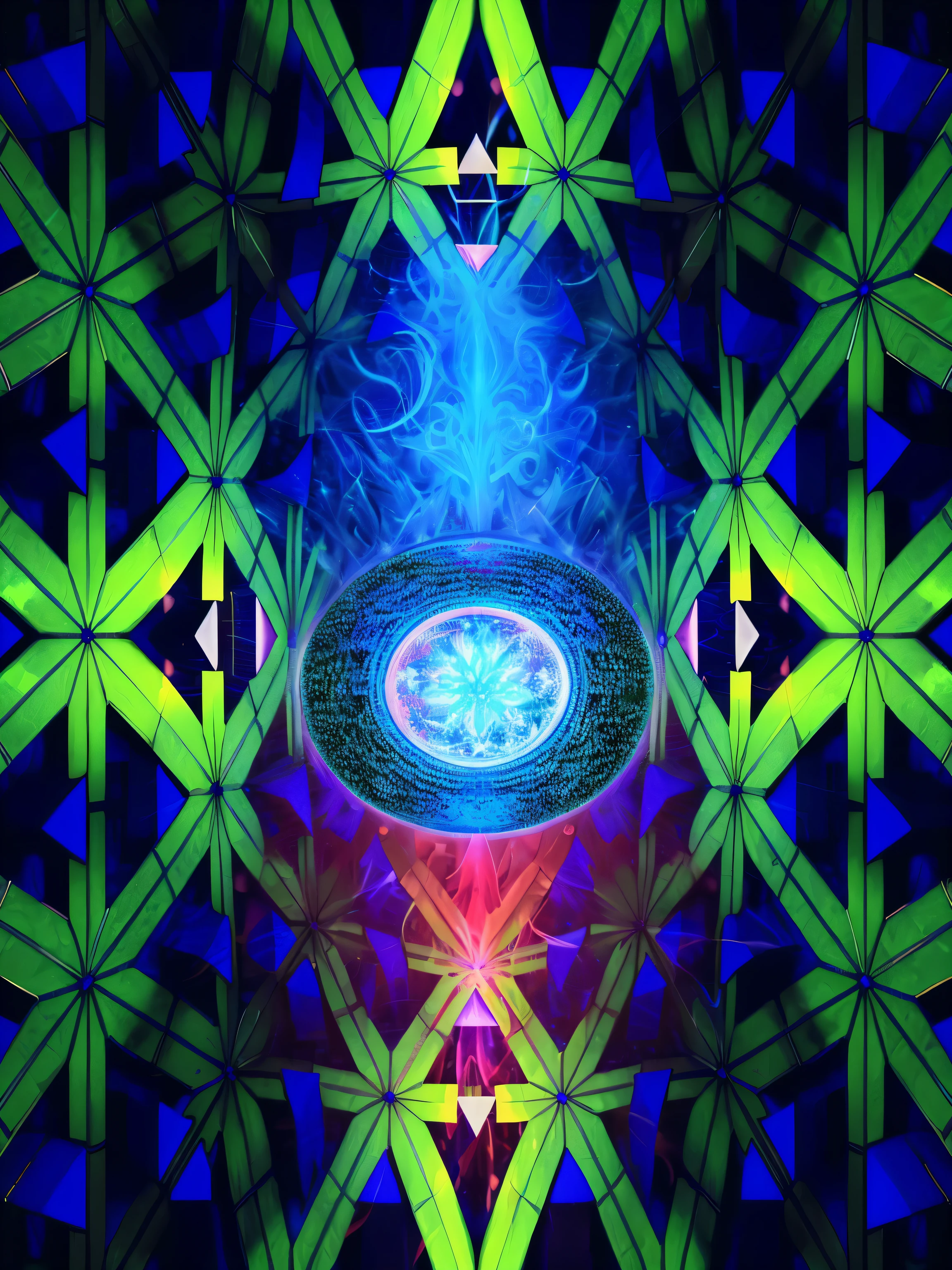 a close up of a colorful abstract design with a blue and green light, dmt entity ; lsd art, psychedelic digital art, digital visionary art, dmt visuals, ethereal hologram center, electromagnetic field dmt lsd, galactic dmt entity, patterned visionary art, lsd visuals, psychedelic visuals, visionary art style, dmt art, sacred fractal structures