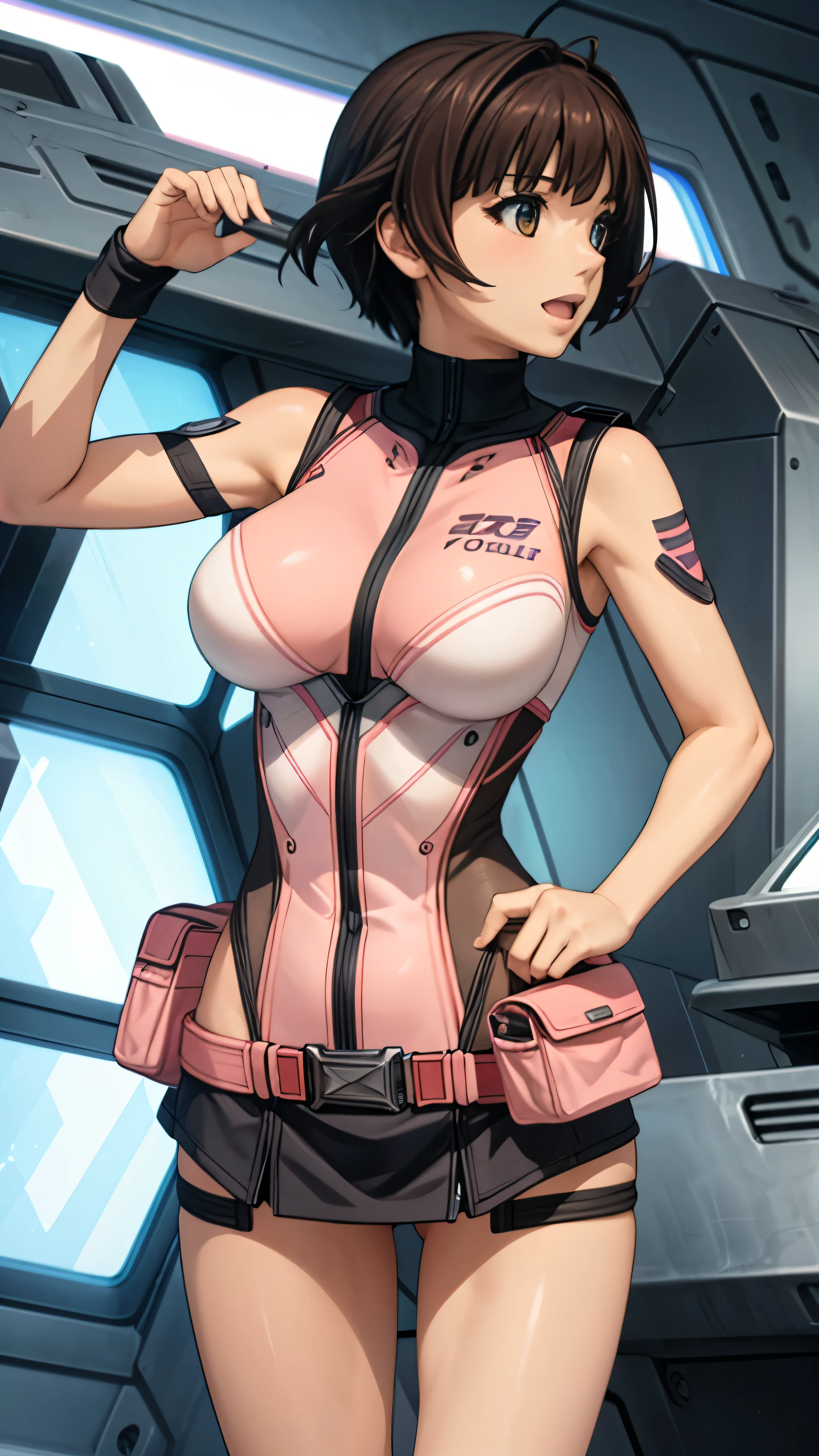 woman,20-year-old,,city,night,pink tight miniskirt bodysuit,(Harada Makoto),open mouth smile